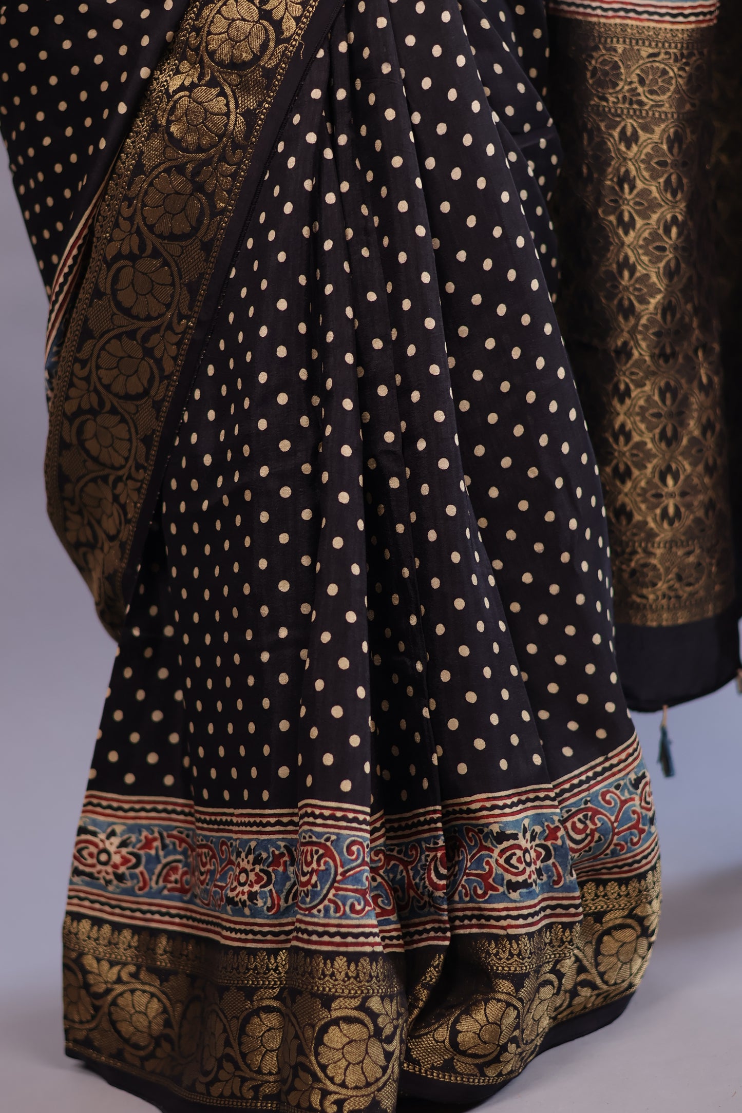Black Polka Dots Ajrakh Handblock printed Dola Silk Saree | Looms & Tassels