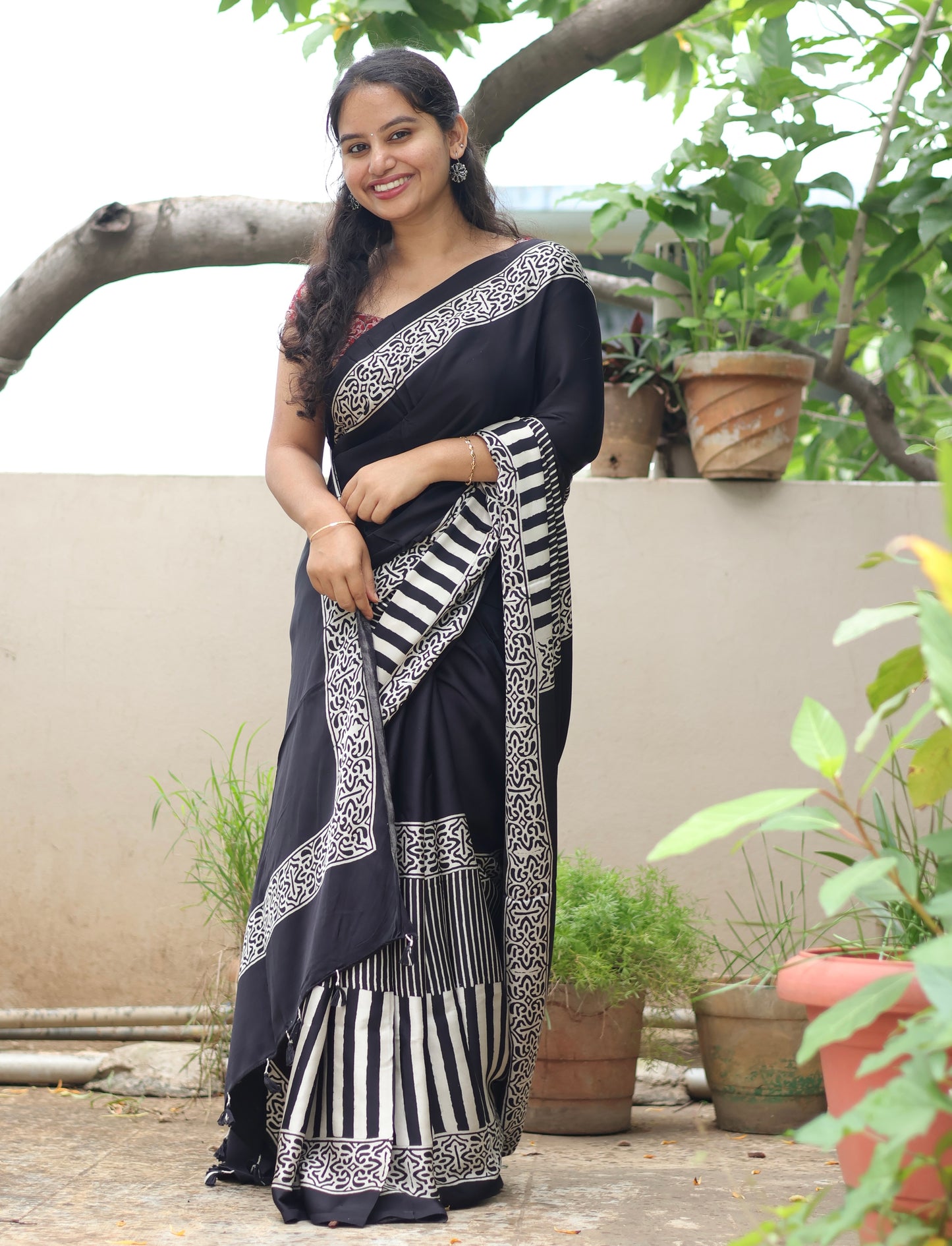Black Ajrakh Modal Silk Saree