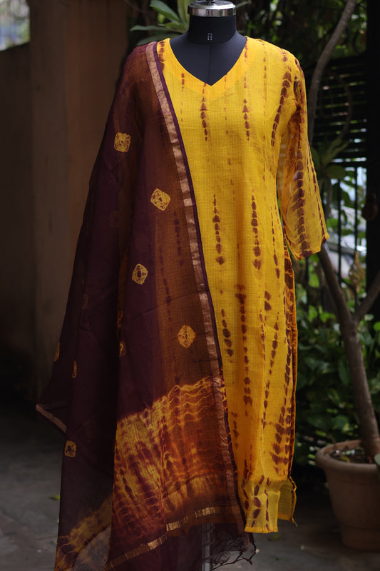 Yellow Handblock printed kota 3 piece suit (stitched)