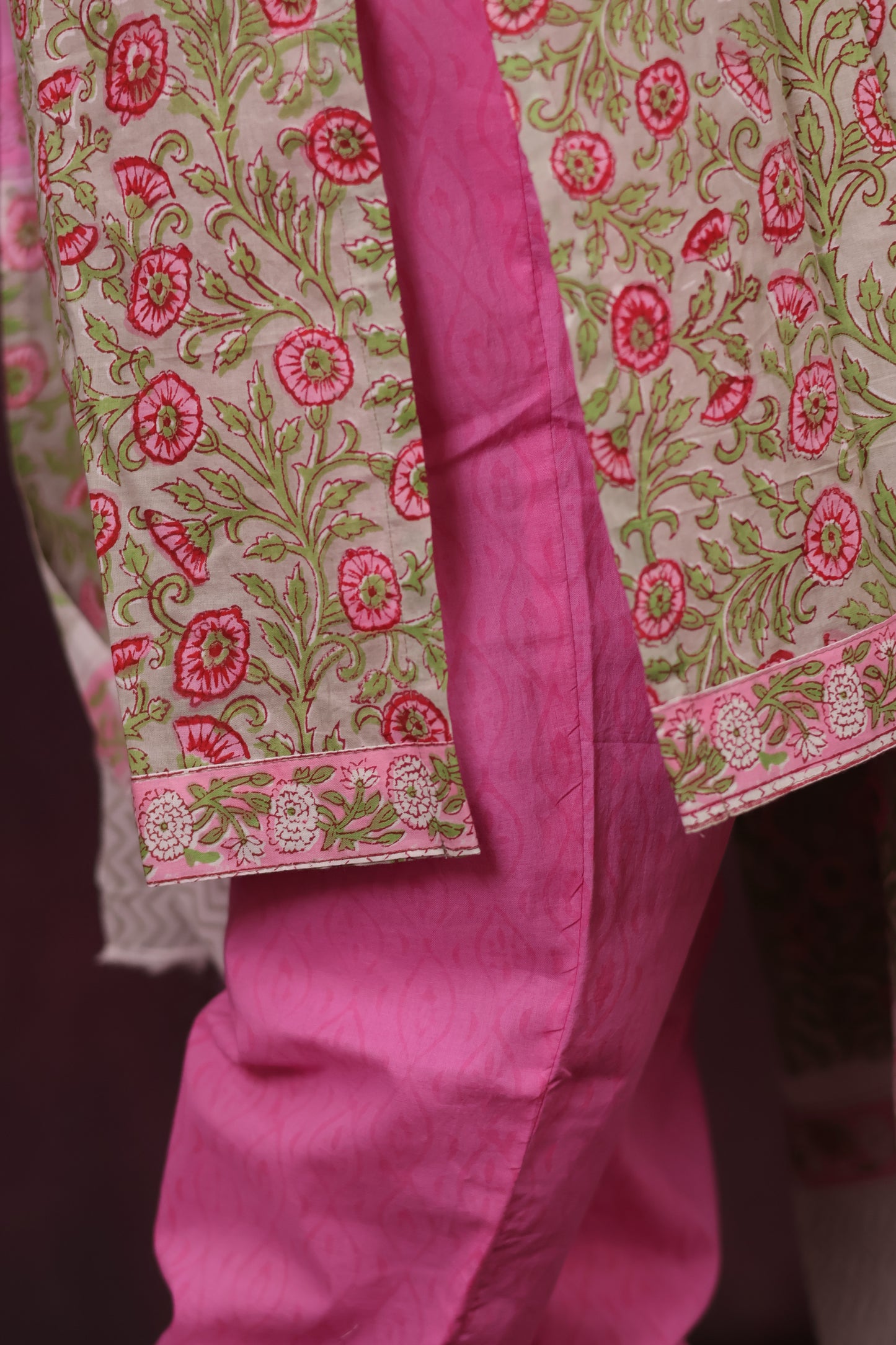 Grey & Pink Handblock printed Pure Mul Cotton with Mul Cotton Duppata 3 piece suit (stitched)