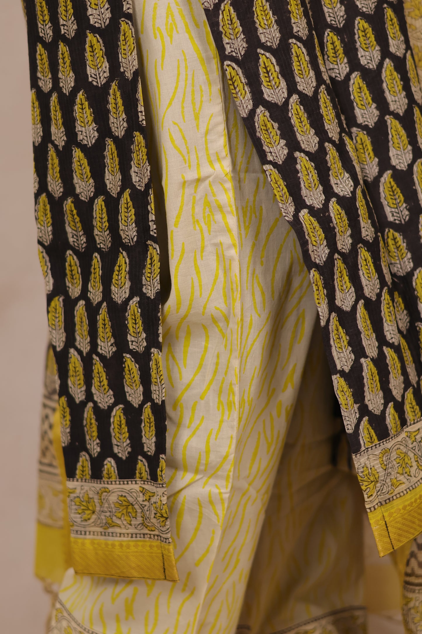 Black & Lemon Yellow Handblock printed Pure Maheswari Silk 3 piece suit (stitched)