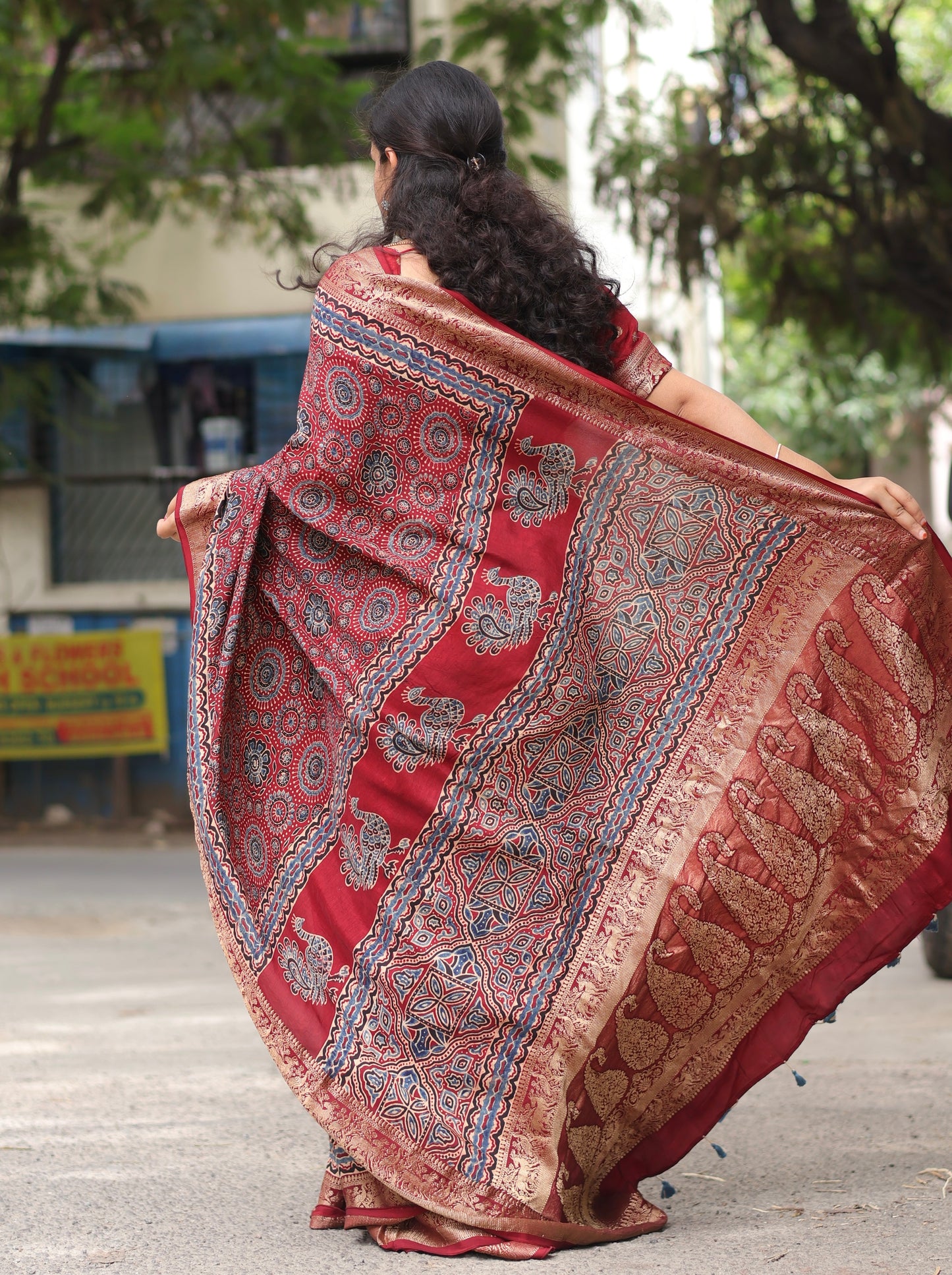Traditional block printed Ajrakh Dola Silk Saree