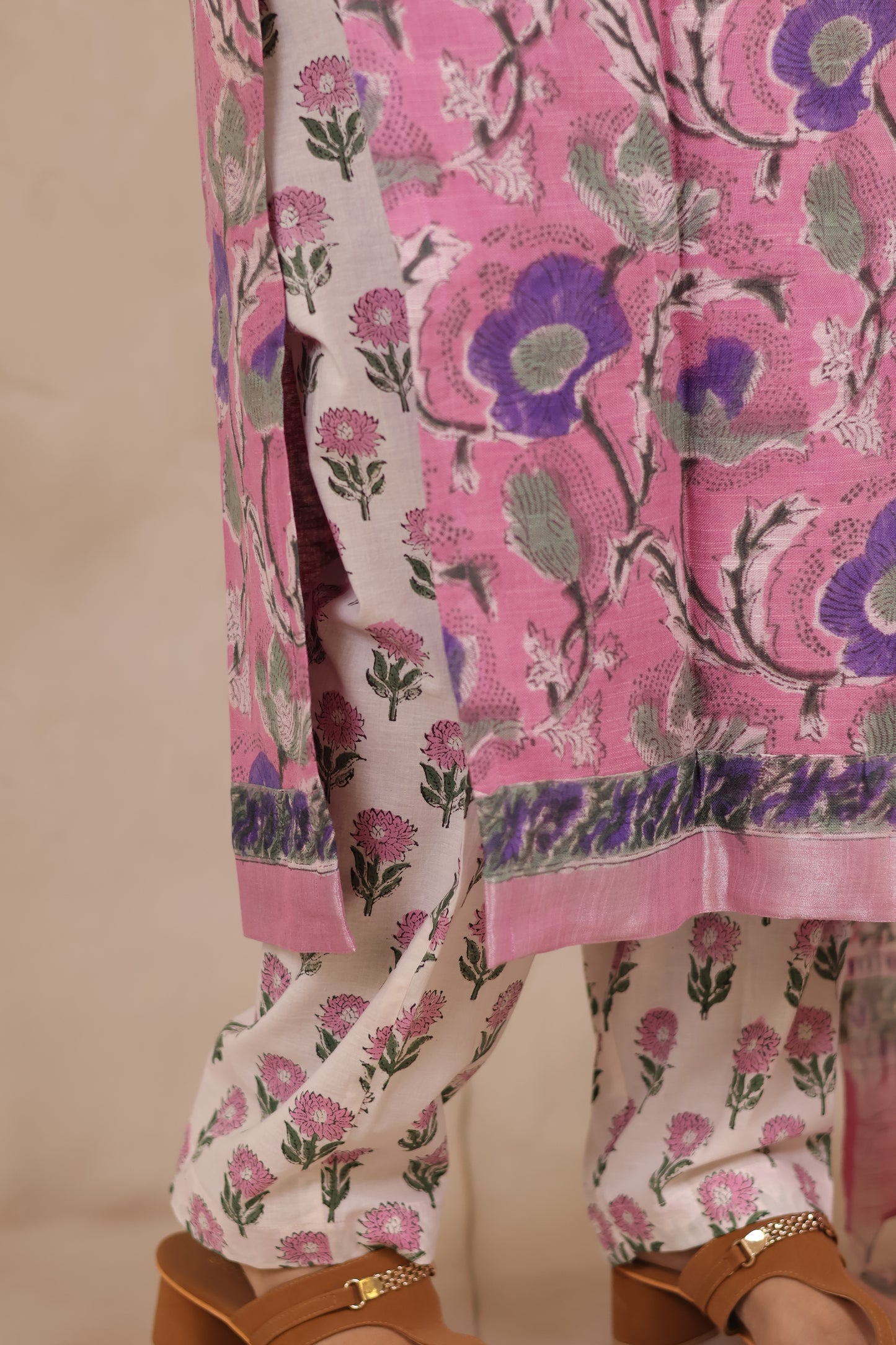 Pastel Pink Linen Cotton Handblock printed 3 piece suit (stitched)