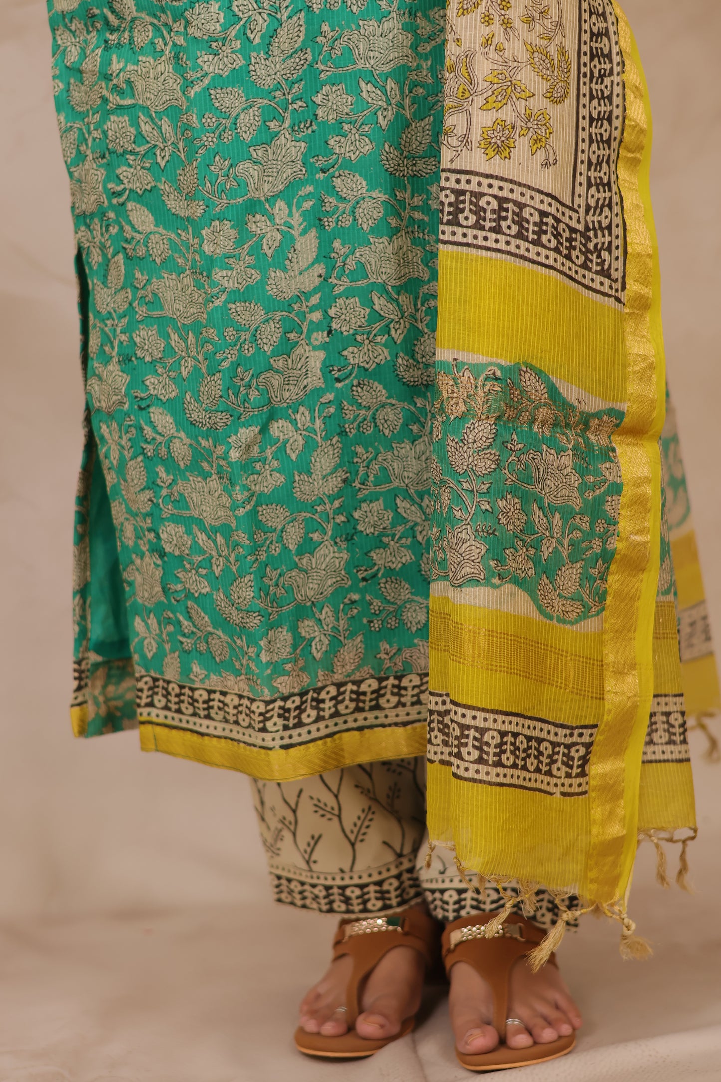 Sea Green Handblock printed Pure Maheswari Silk 3 piece suit (stitched)