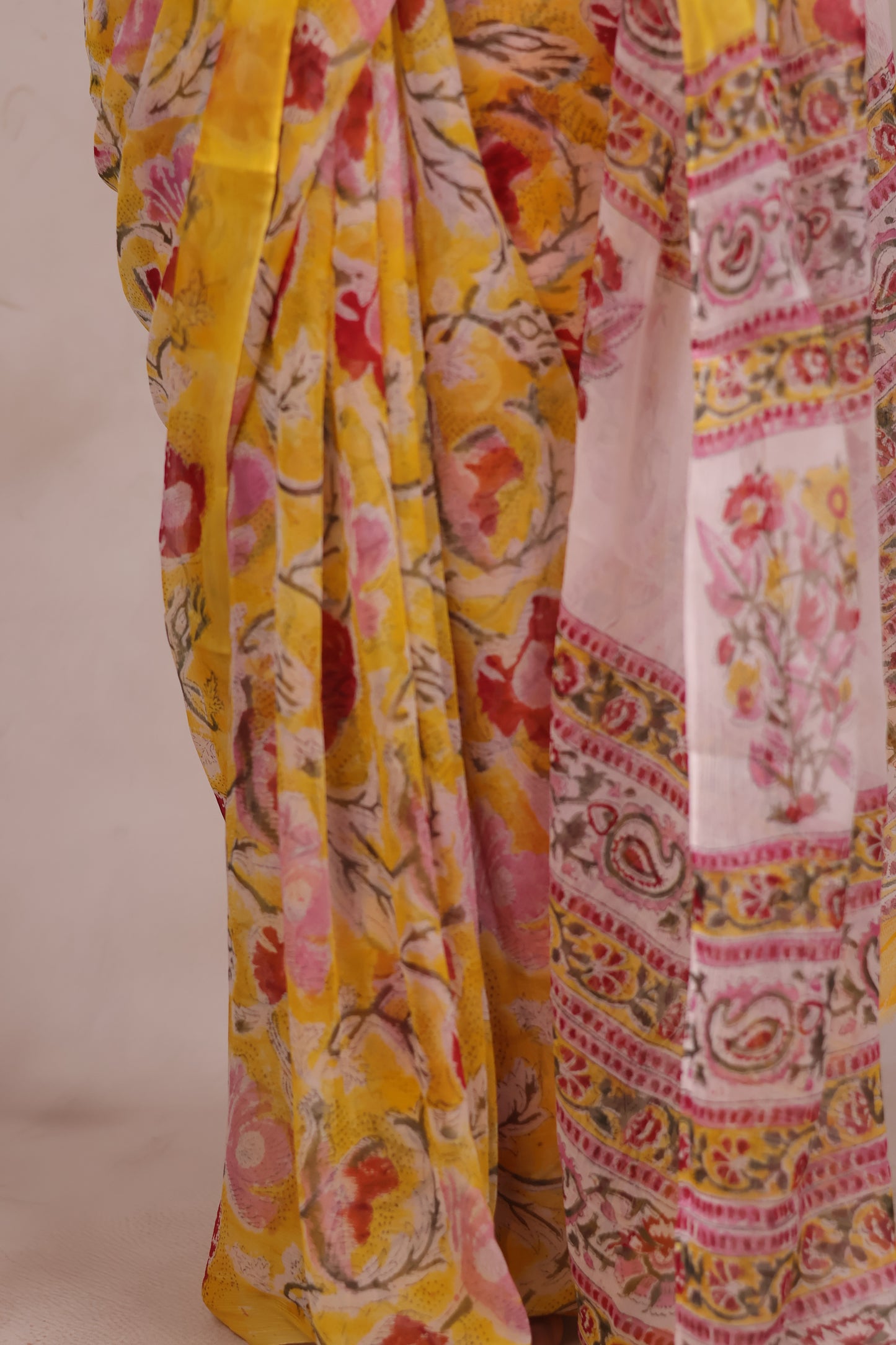 Yellow Chiffon Bagru Hand Block Printed Saree | Looms & Tassels