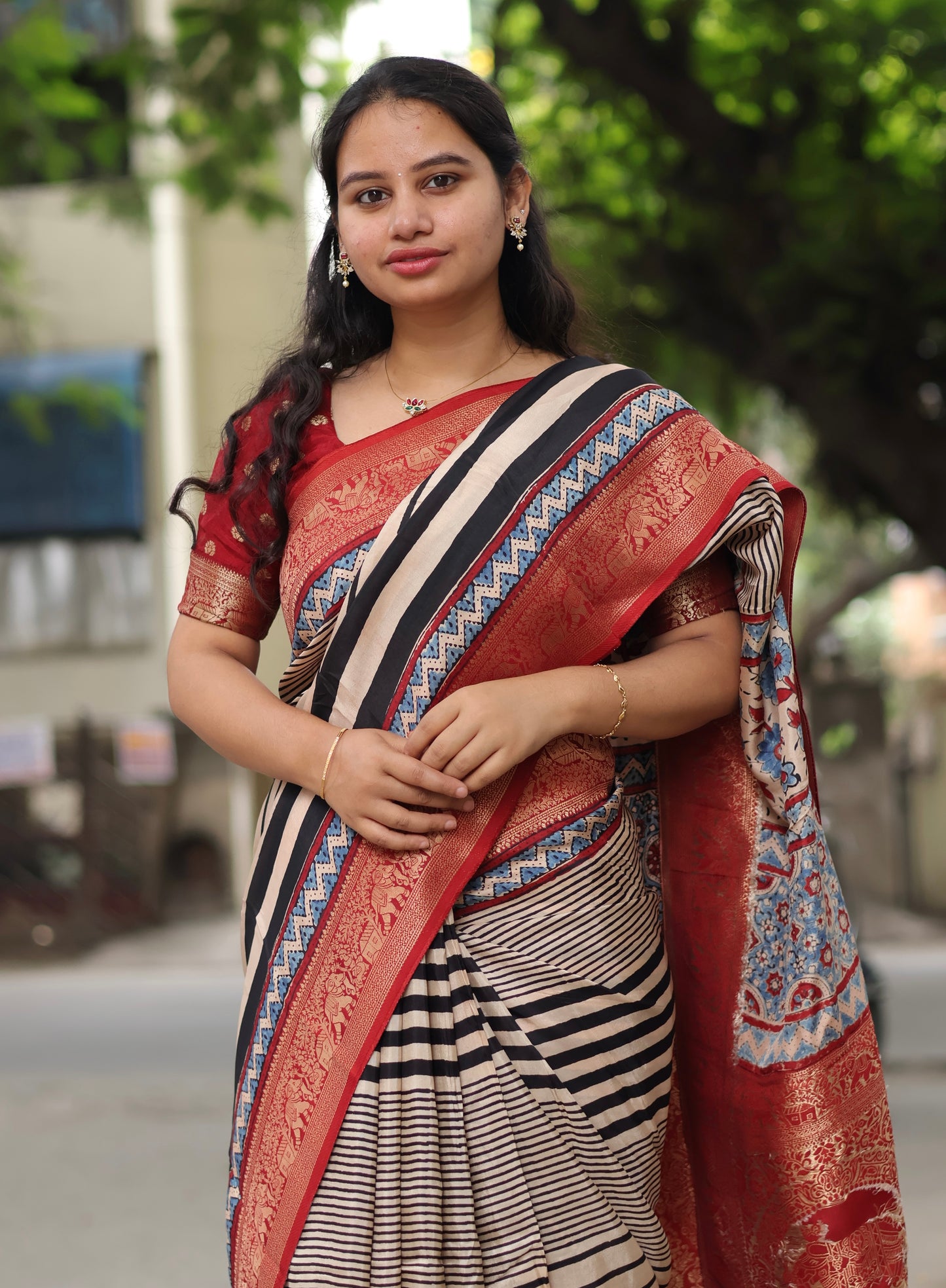 Stripes Contemporary Ajrakh Dola Silk Saree