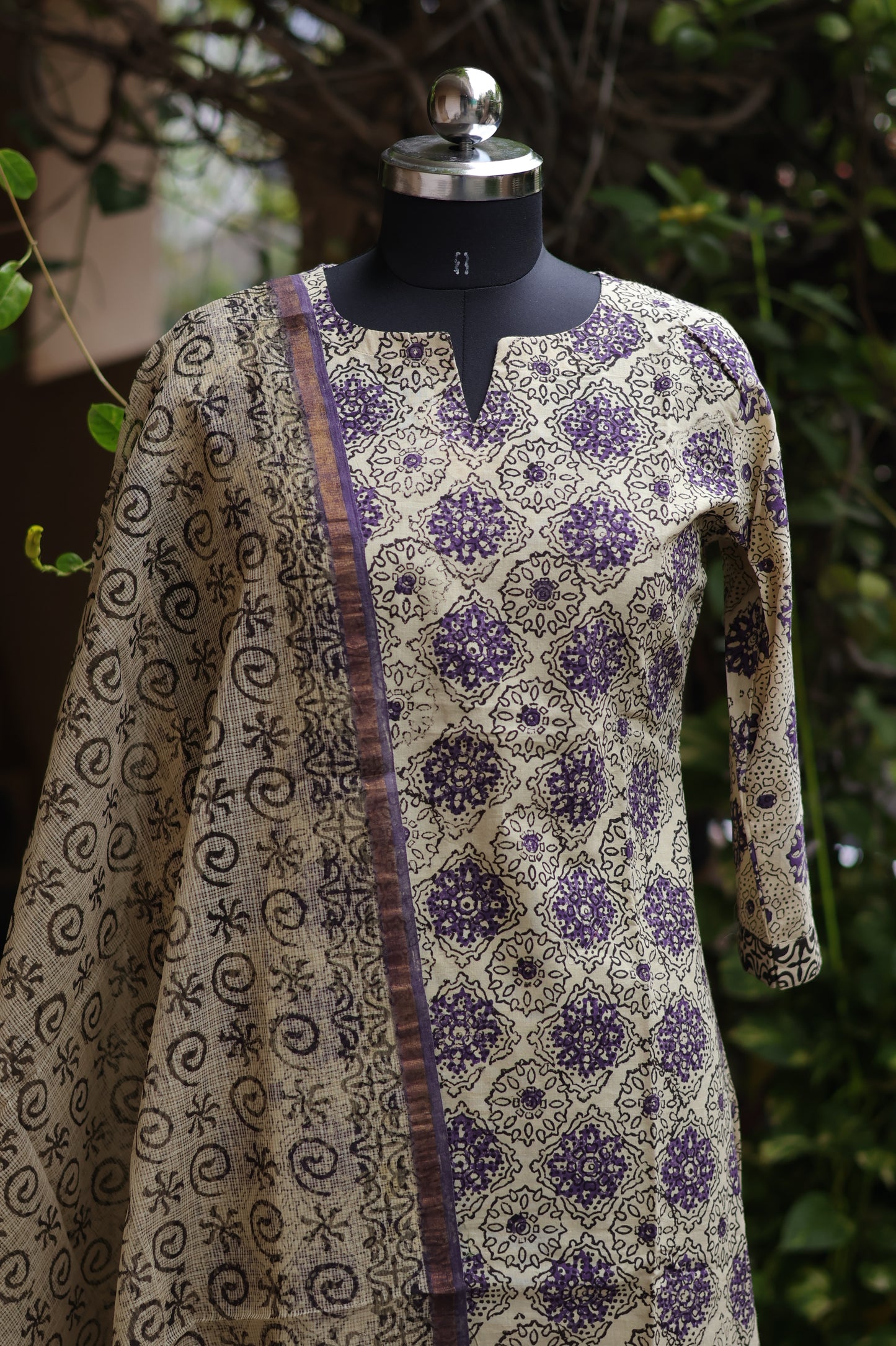 Cream Handblock printed Pure Mul Cotton with Kota Doria Duppata 3 piece suit (stitched)