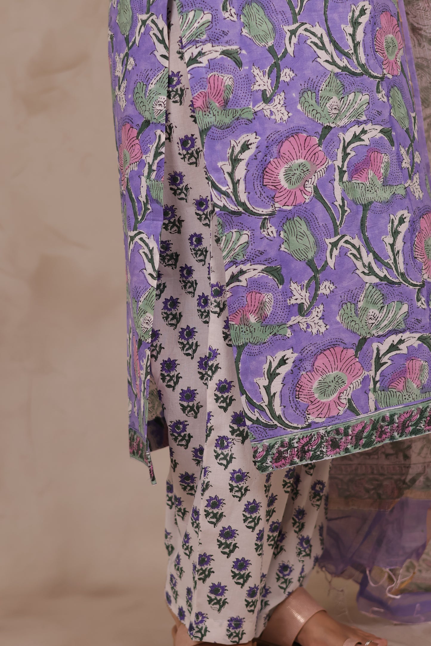 Lavender Handblock printed Pure Mul Cotton with Kota Doria Duppata 3 piece suit (stitched)