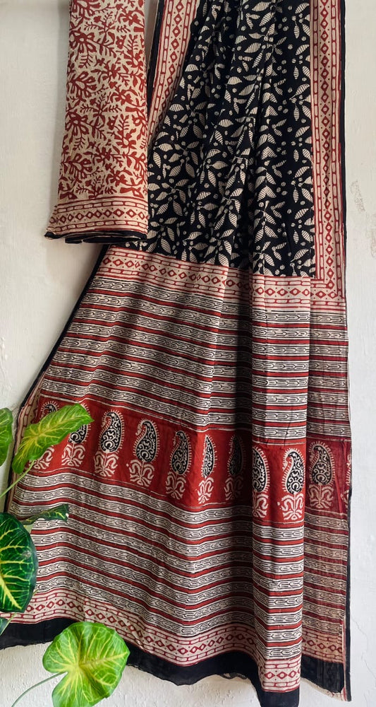 Black Bagru Handblock printed MulMul cotton saree