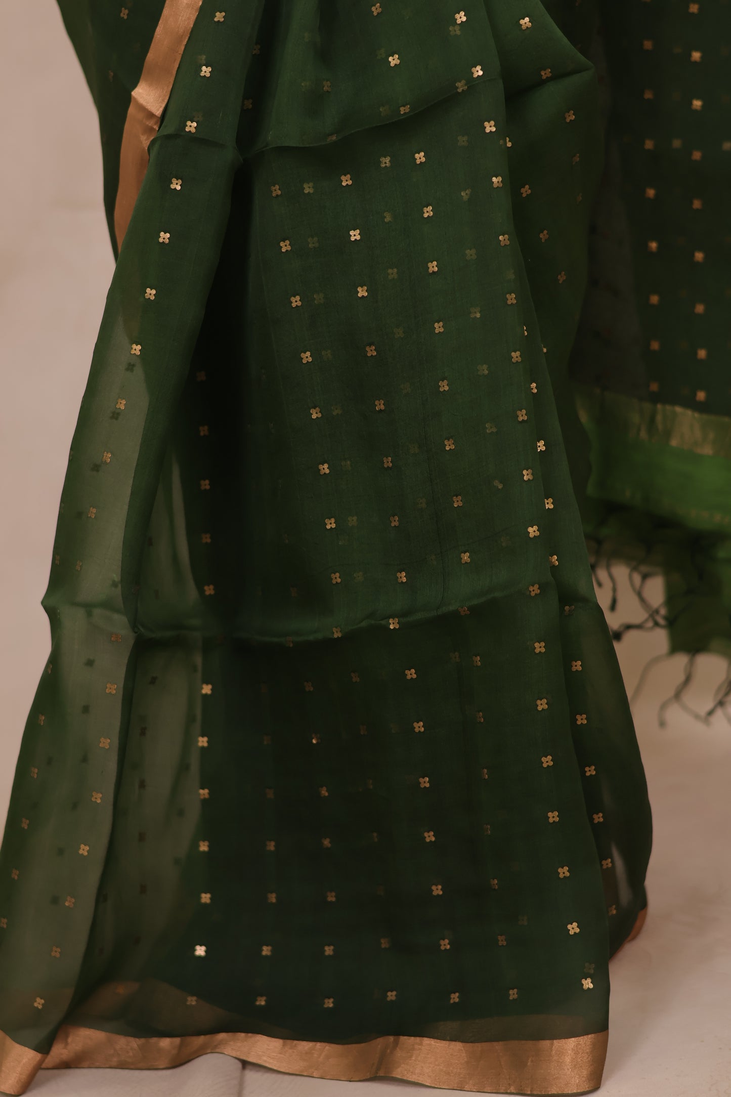 Green Handwoven Muslin Silk Saree With Sequence Work | Looms & Tassels