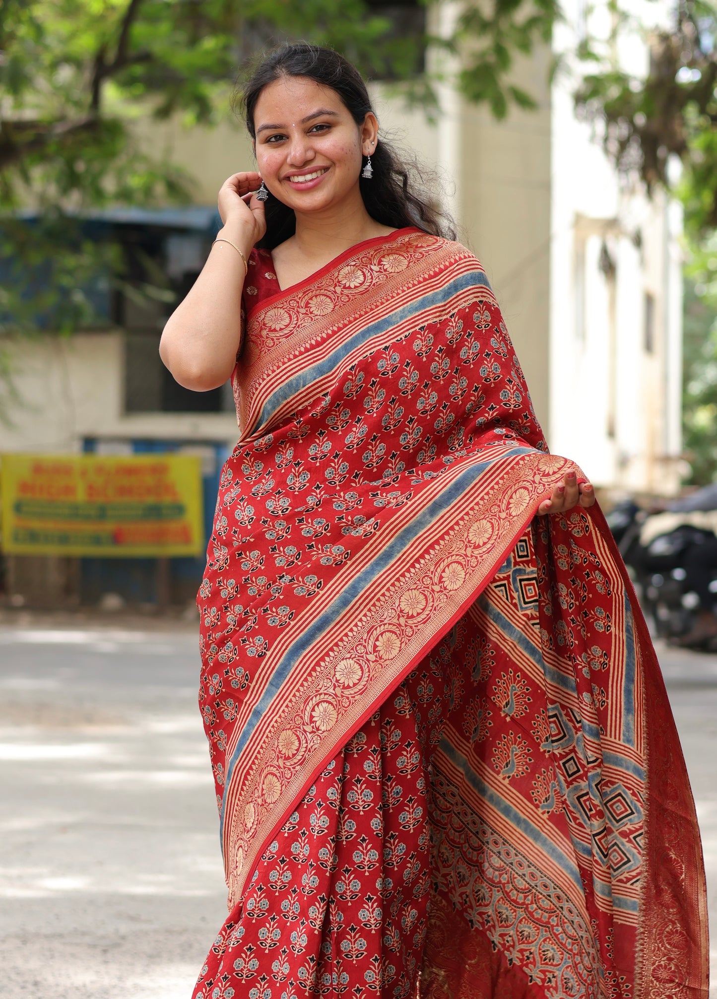 Red Ajrakh Dola Silk Saree