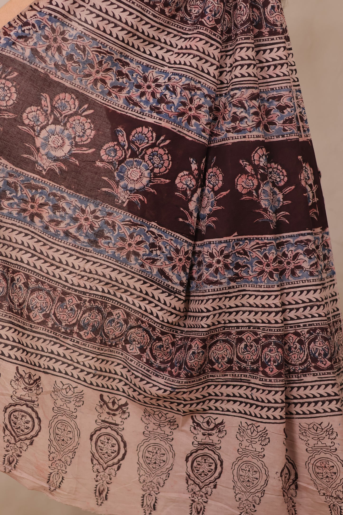 Brown Hand Block Printed Kalamkari Cotton Saree | Looms & Tassels