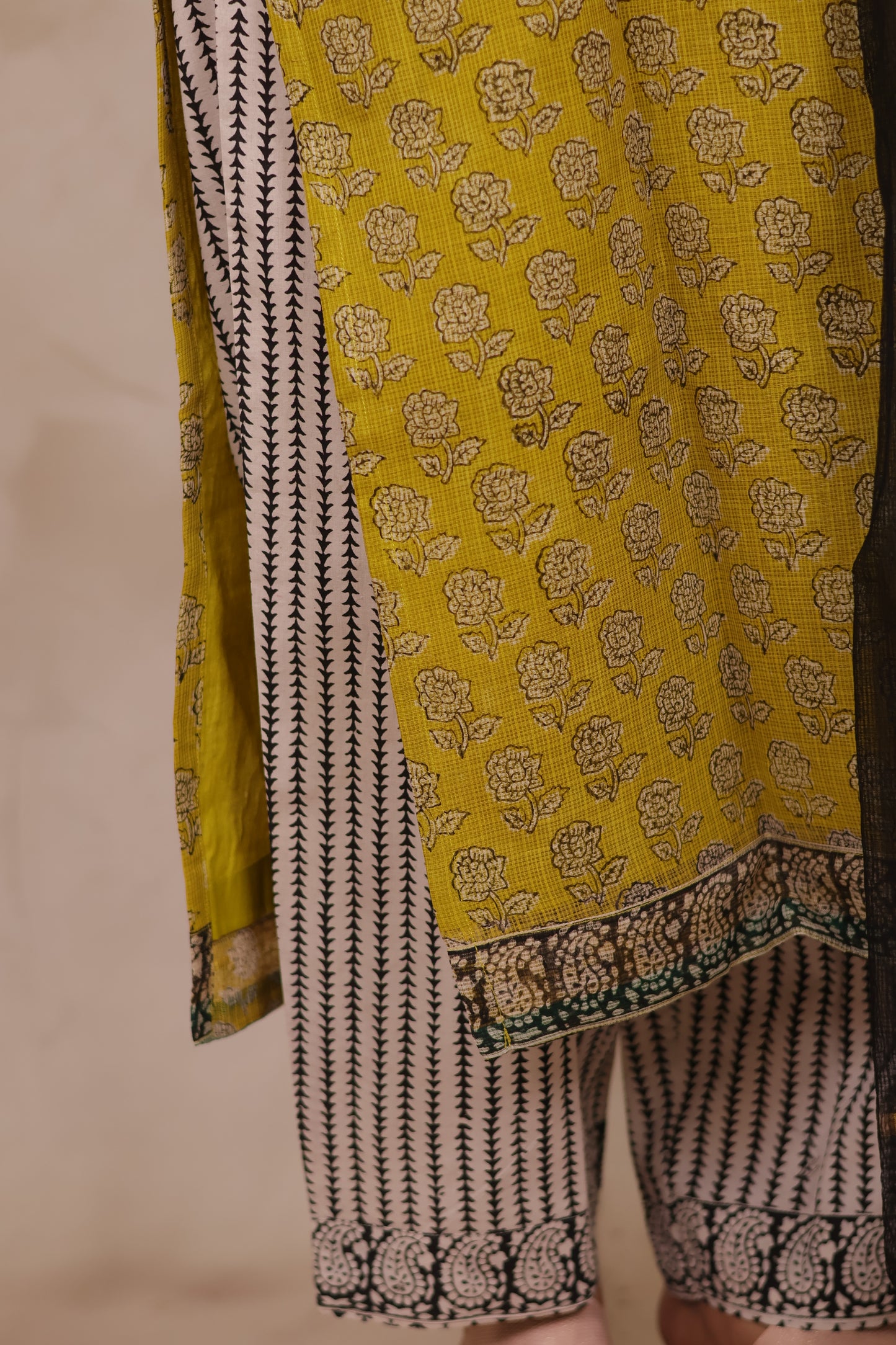 Yellow Handblock printed kota 3 piece suit (stitched)