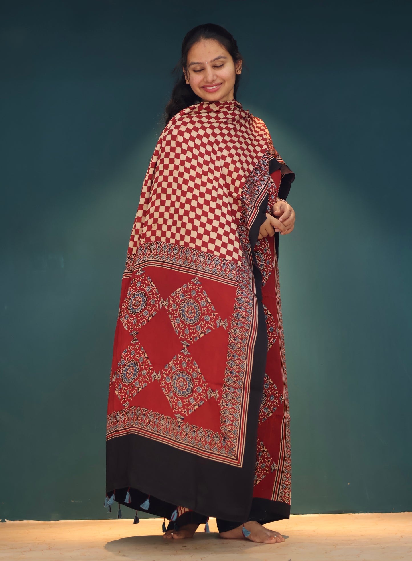 Red Handblock printed Ajrakh modal silk 2 piece suit set