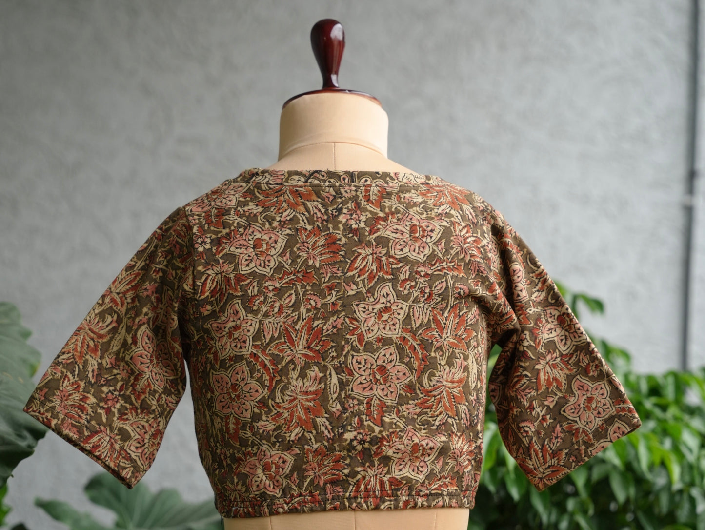 Olive Green V Neck Stretchable Hand block printed kalamkari blouse