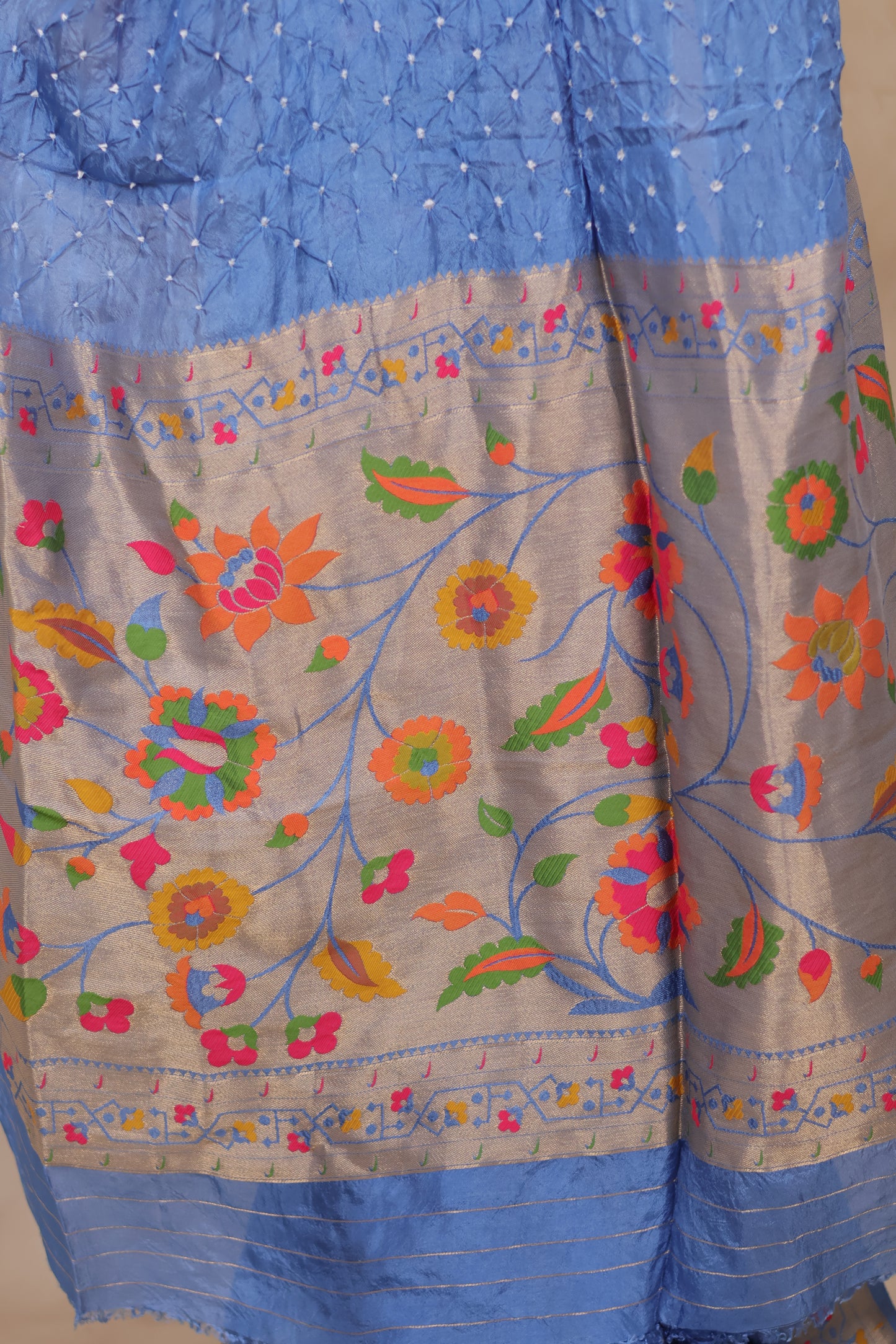 Pastel Handcrafted Bandhani Paithani Dola Silk Saree | Looms & Tassels
