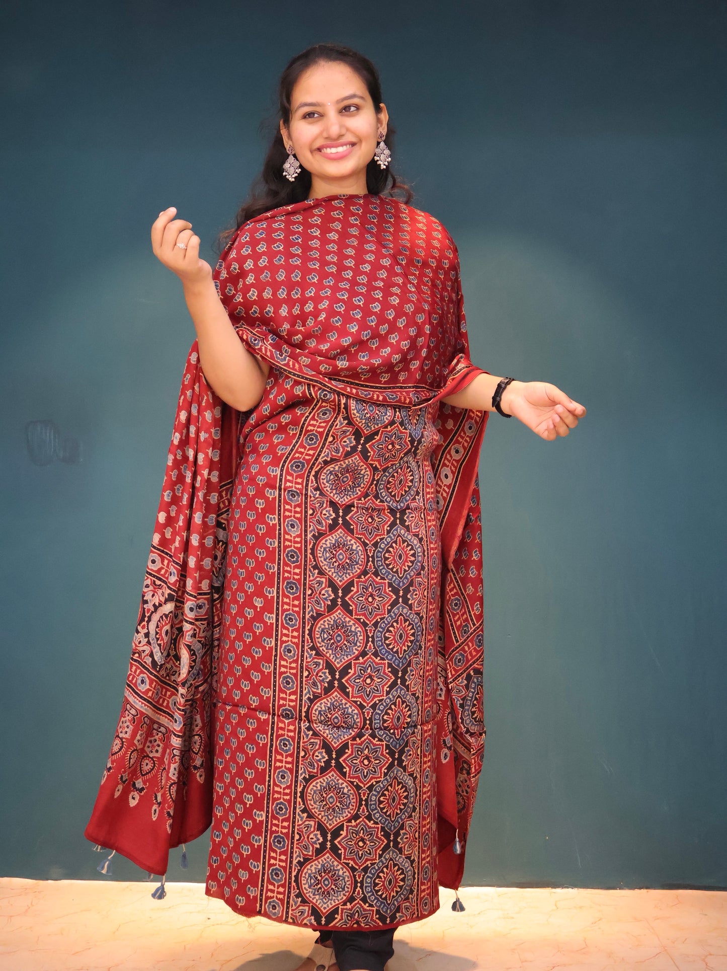 Red Handblock printed Ajrakh modal silk 2 piece suit set