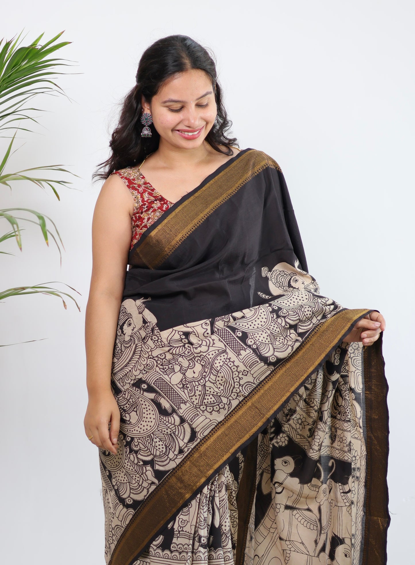 Black Nizam Border Kalamkari Silk Saree