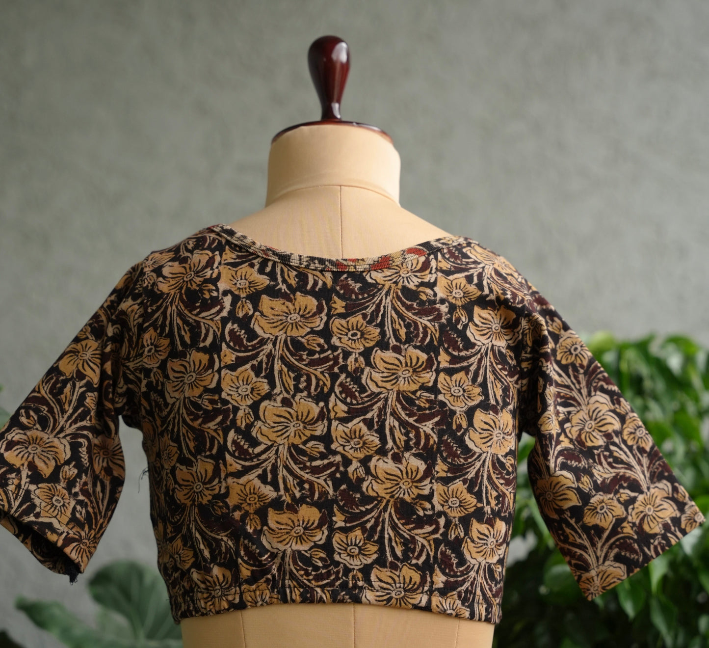 Black Round Neck Stretchable Hand block printed kalamkari blouse