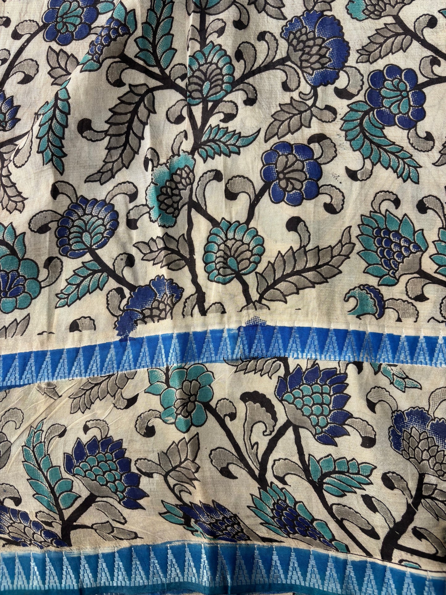 Blue Kalamkari dyeing premium chennur silk saree