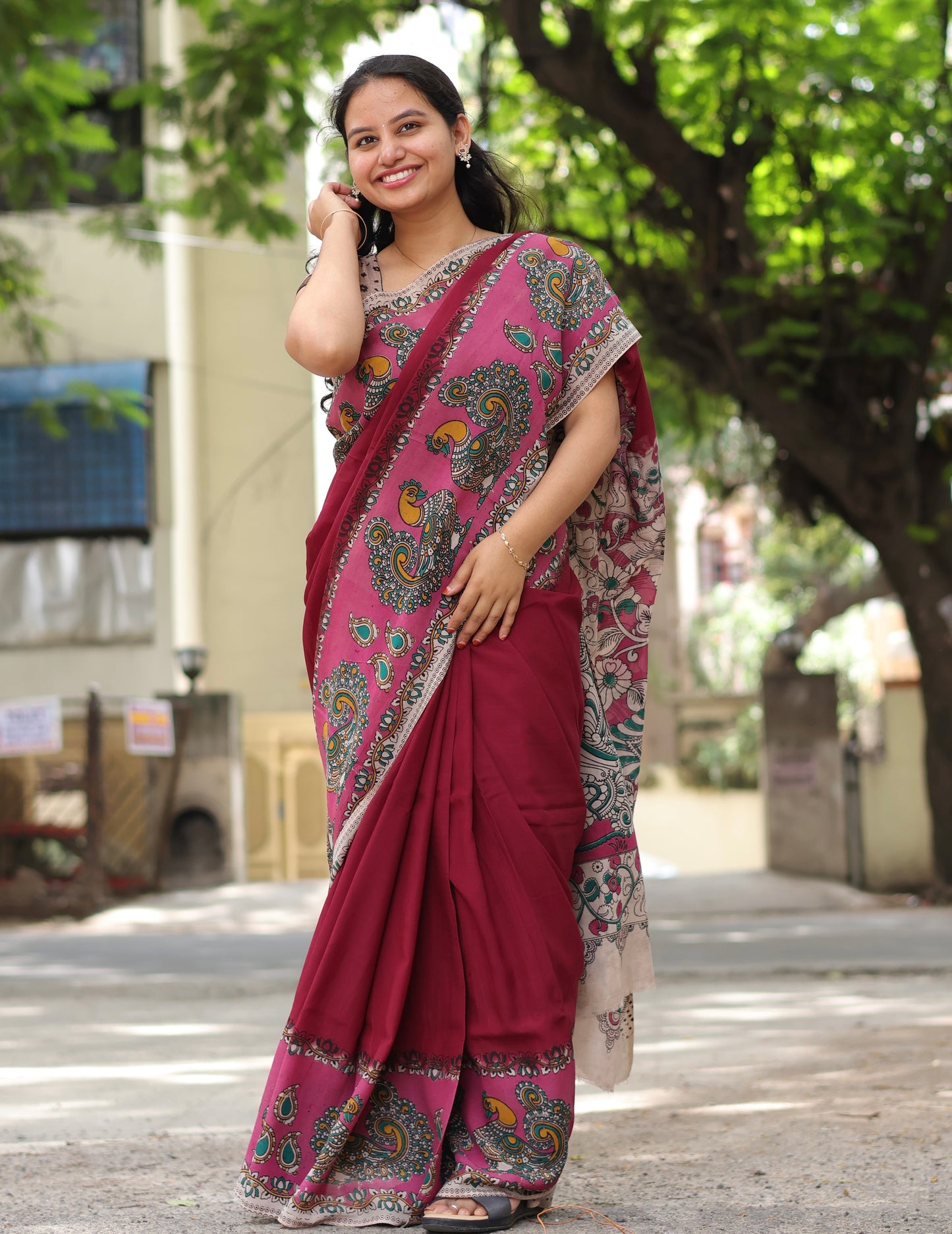 Wine & Pink Kalamkari dyeing premium chennur silk saree