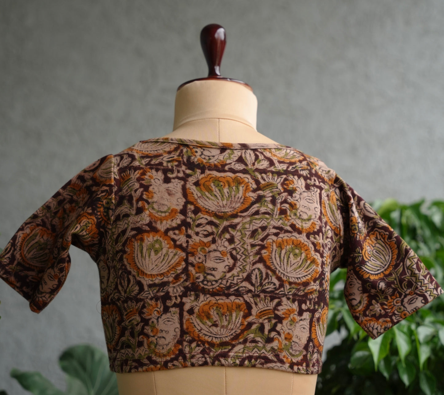 Brown Round Neck Stretchable Hand block printed kalamkari blouse
