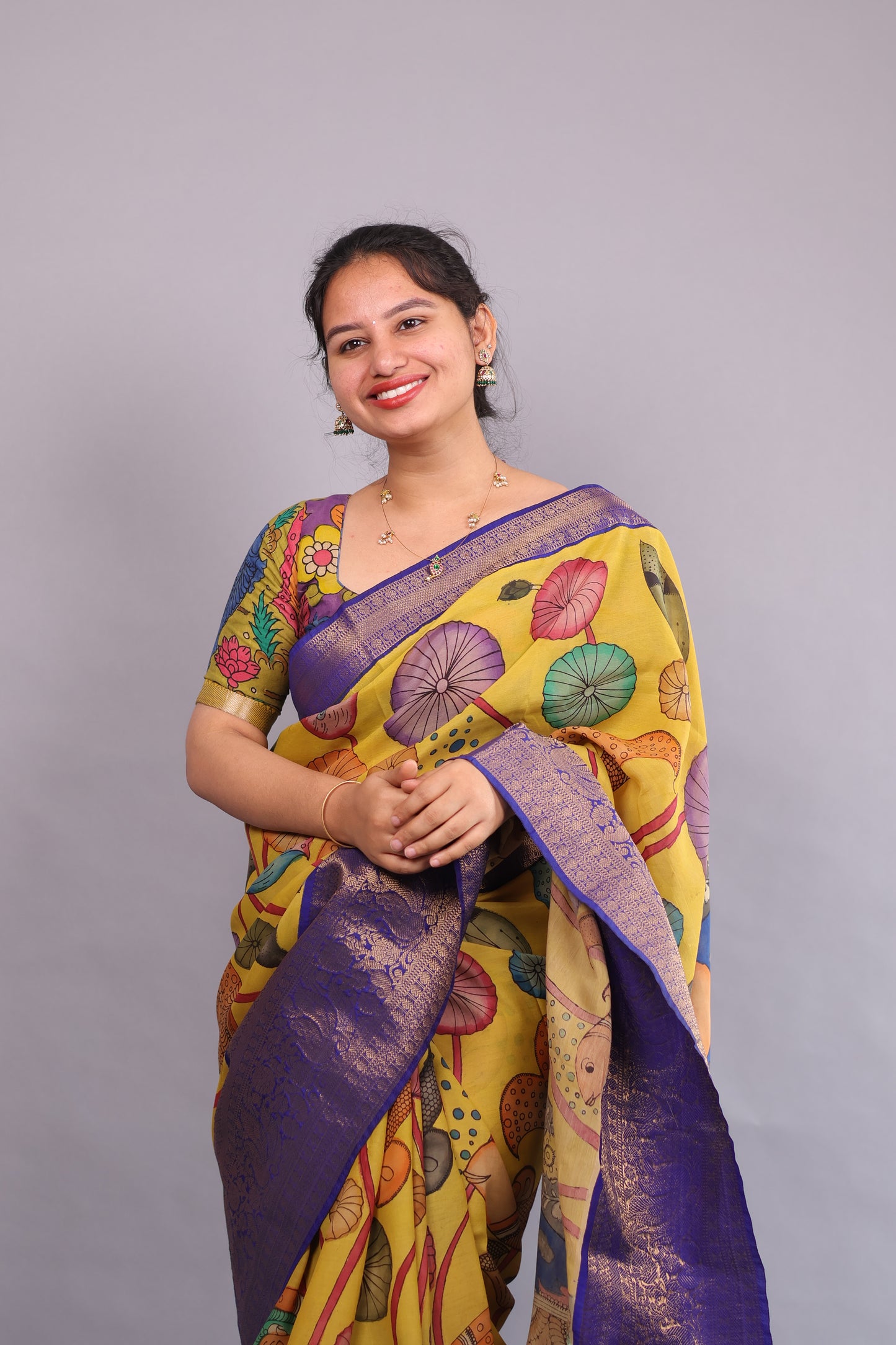 Yellow Hand Painted Pen Kalamkari Silk Saree