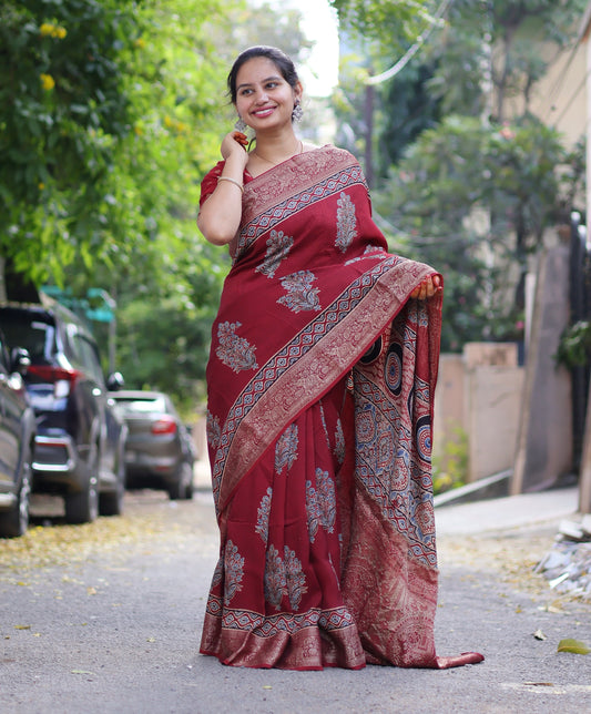 Ajrakh Dola Silk Saree