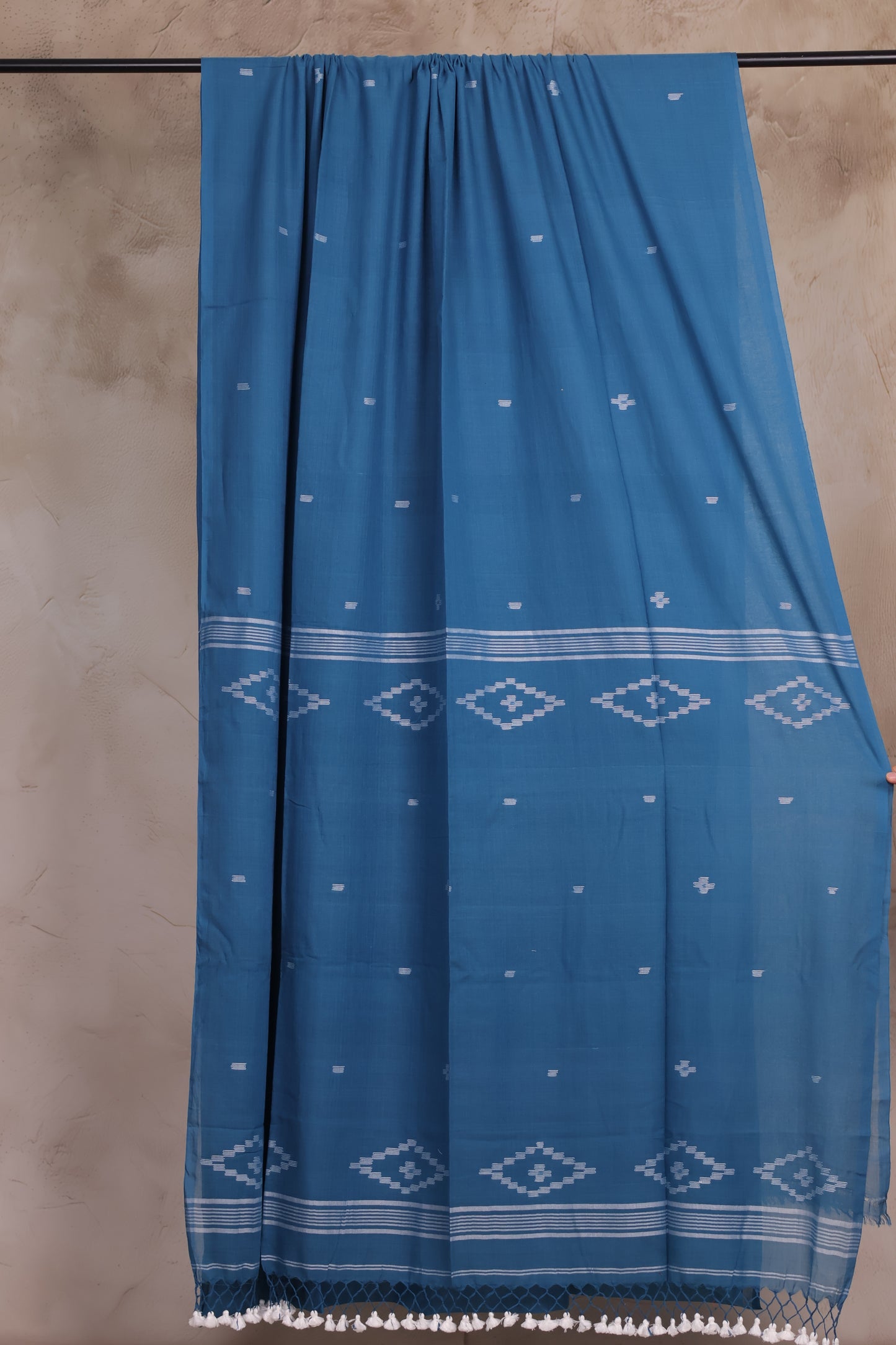 Blue Handwoven Malai Cotton Saree with Butta Weaving | Looms & Tassels