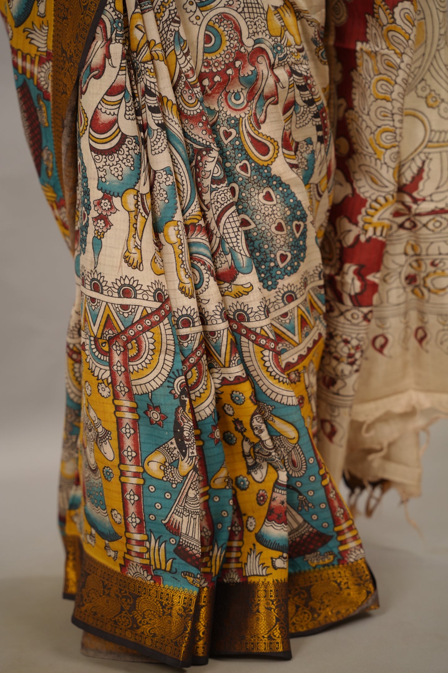 Cream Kanchi border Kalamkari chennur silk saree | Looms & Tassels