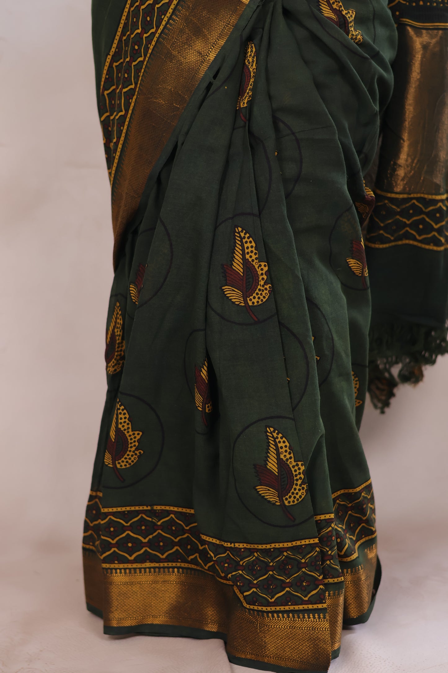 Green Ajrakh Hand Block Printed Mangalagiri Cotton Saree | Looms & Tassels