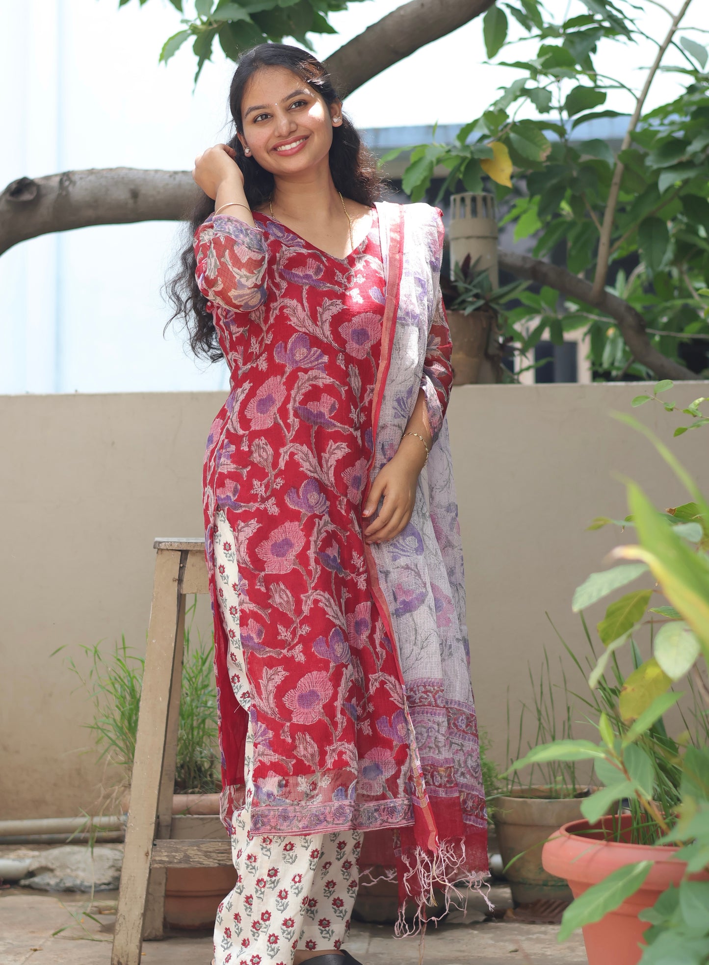 Red Handblock printed kota 3 piece suit (stitched)