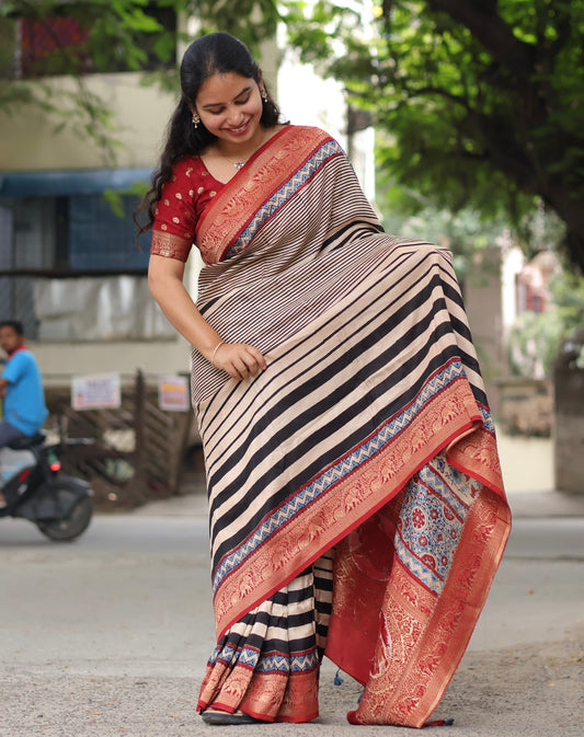Stripes Contemporary Ajrakh Dola Silk Saree