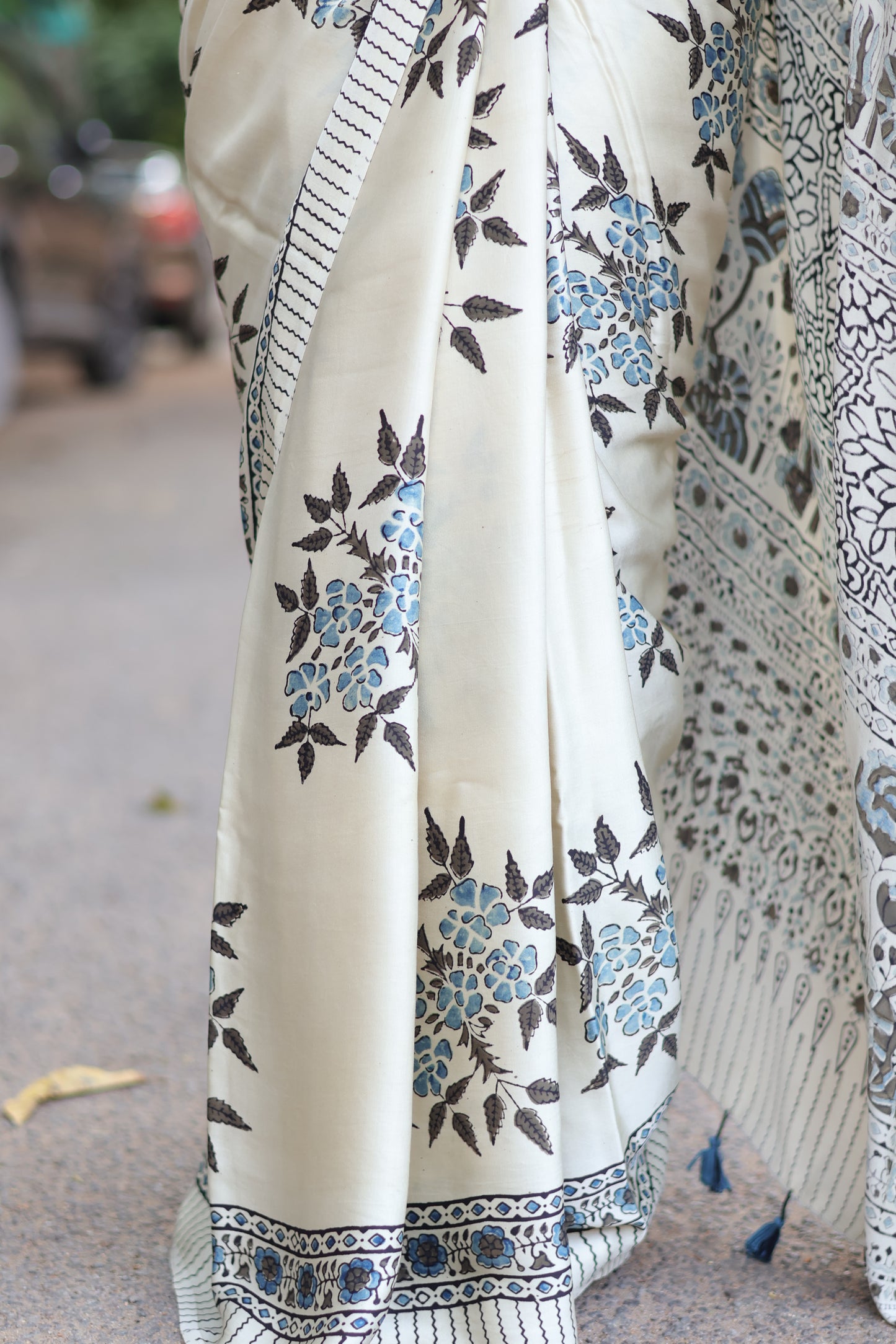 Cream Flower Motifs Ajrakh Handblock Printed Modal Silk Saree