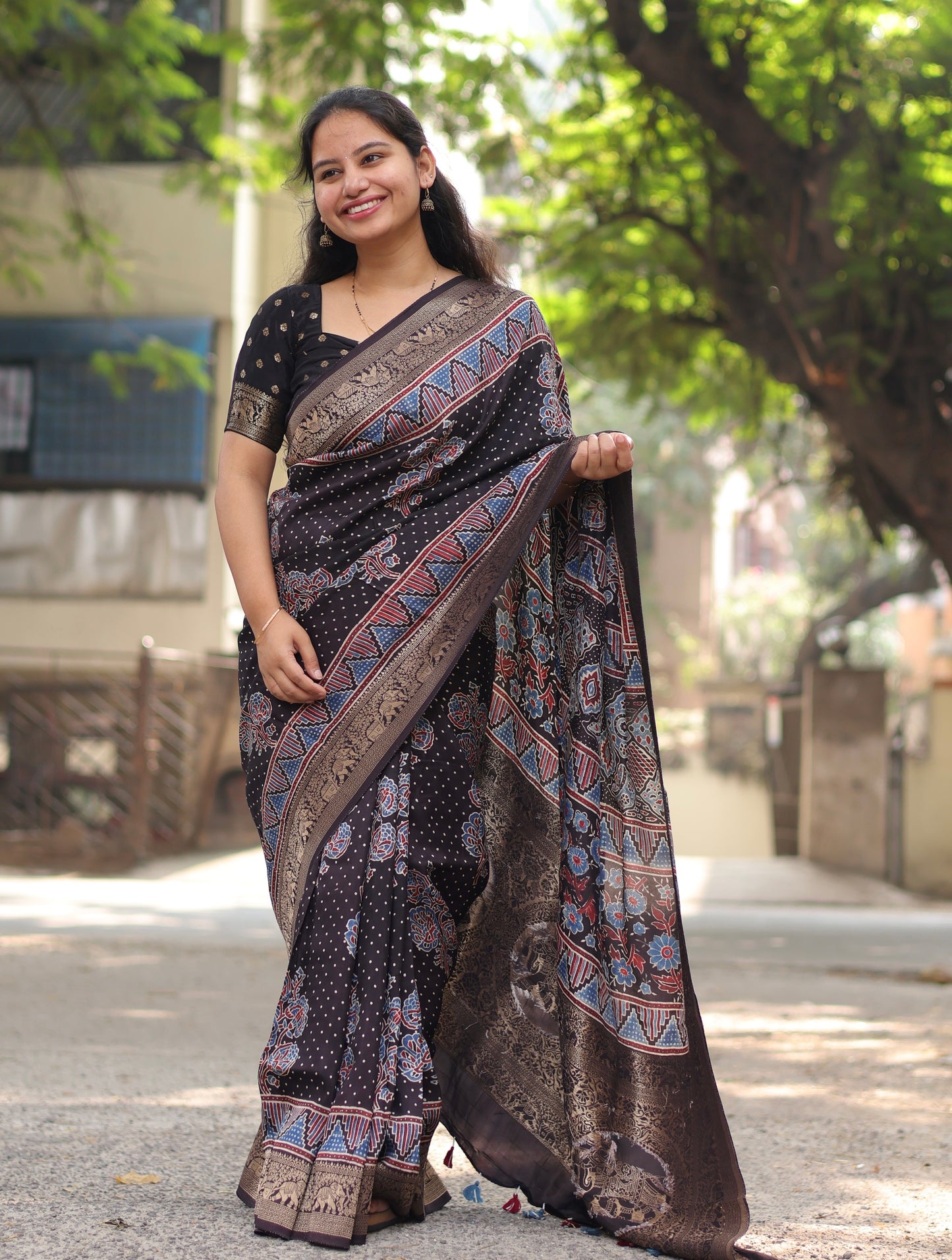 Ajrakh Dola Silk Saree