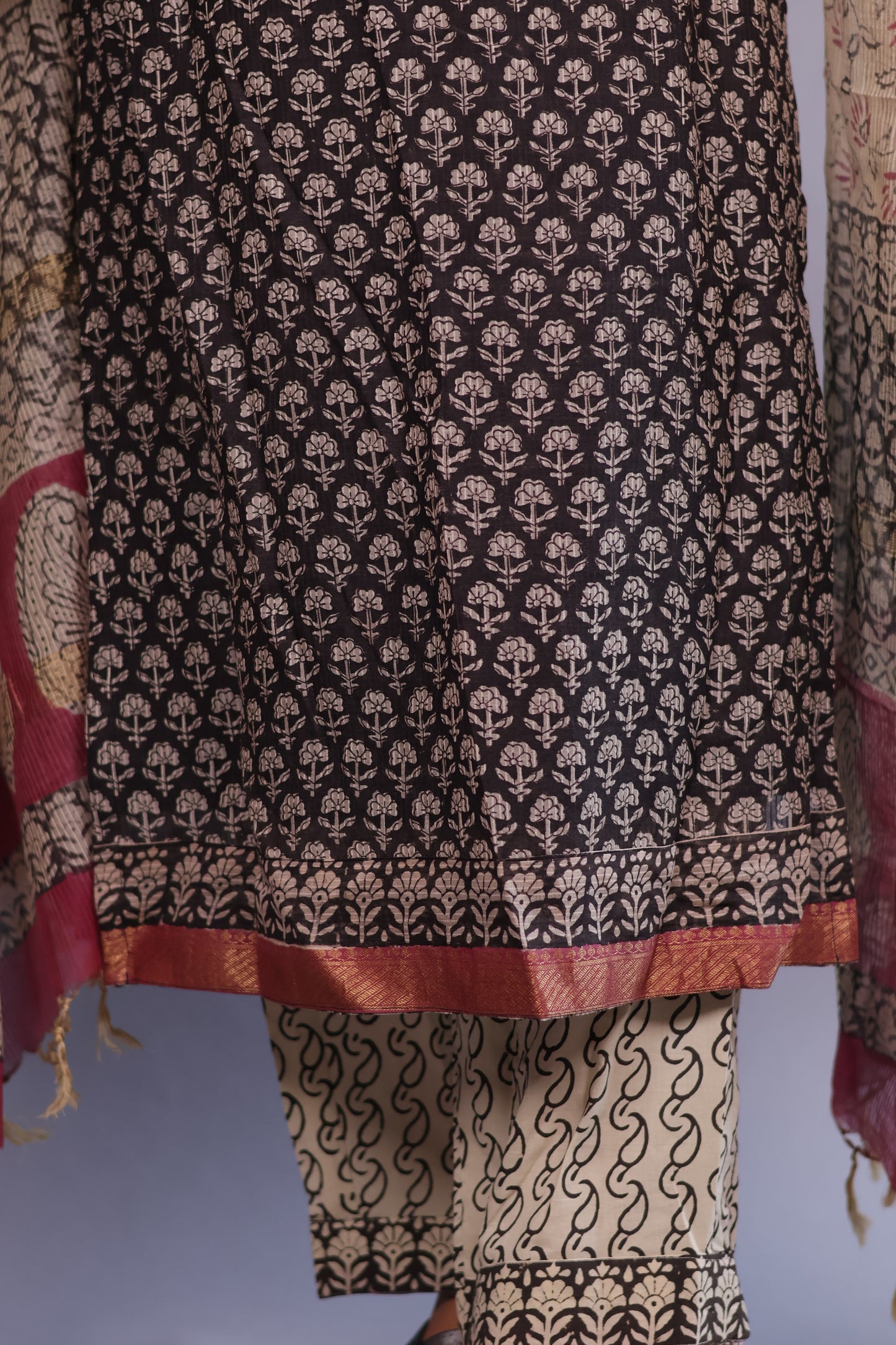 Handblock printed Pure Maheswari Silk 3 piece suit (stitched)