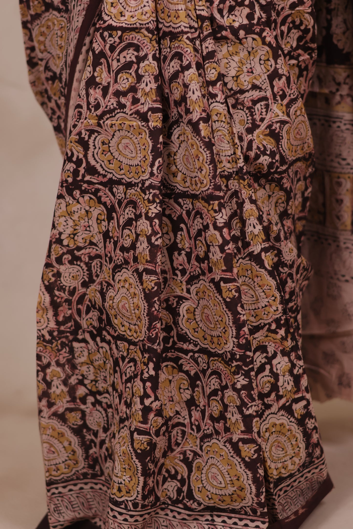 Maroon Hand Block Printed Kalamkari Cotton Saree | Looms & Tassels