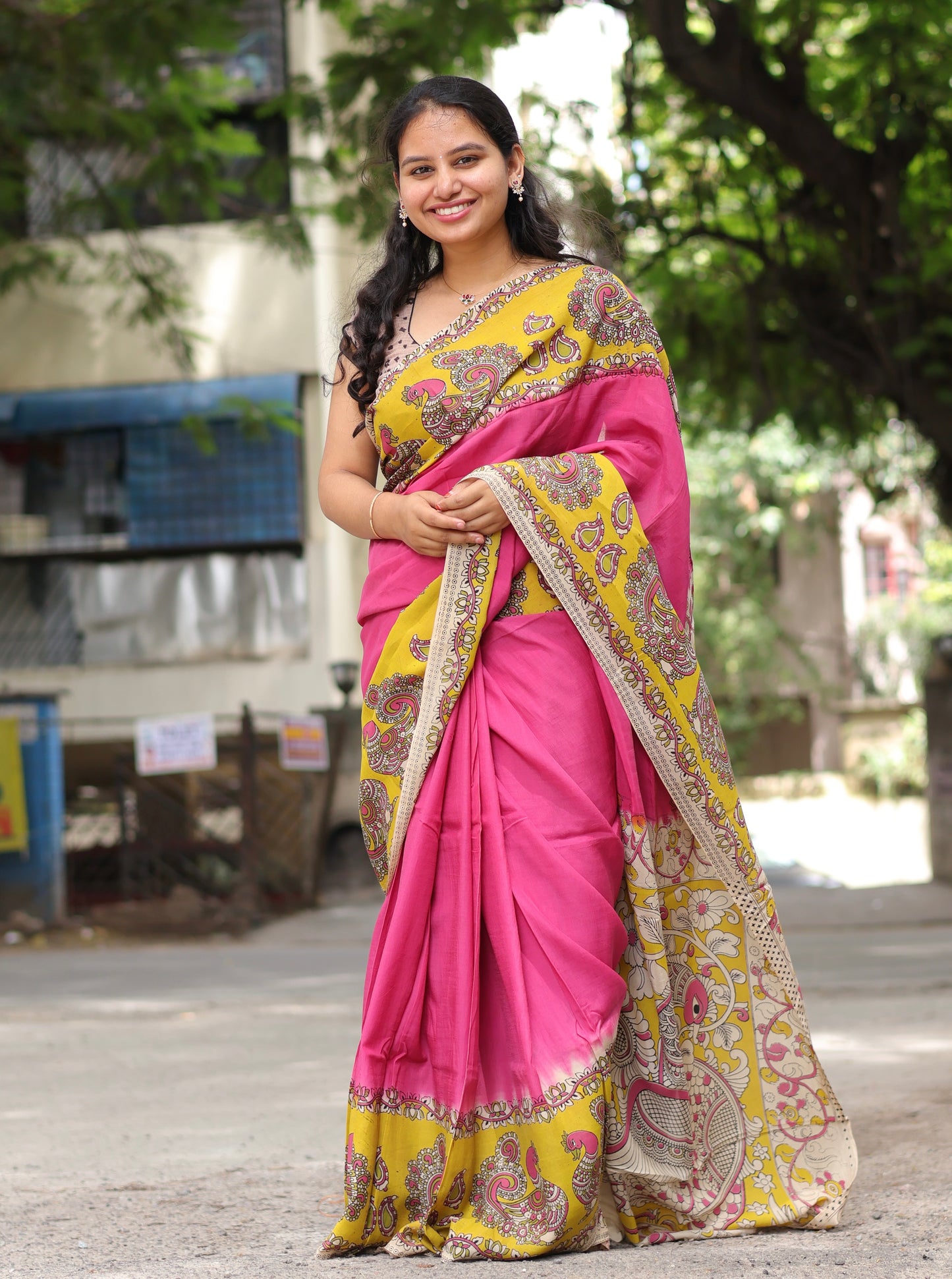 Pink & Yellow Kalamkari dyeing premium chennur silk saree