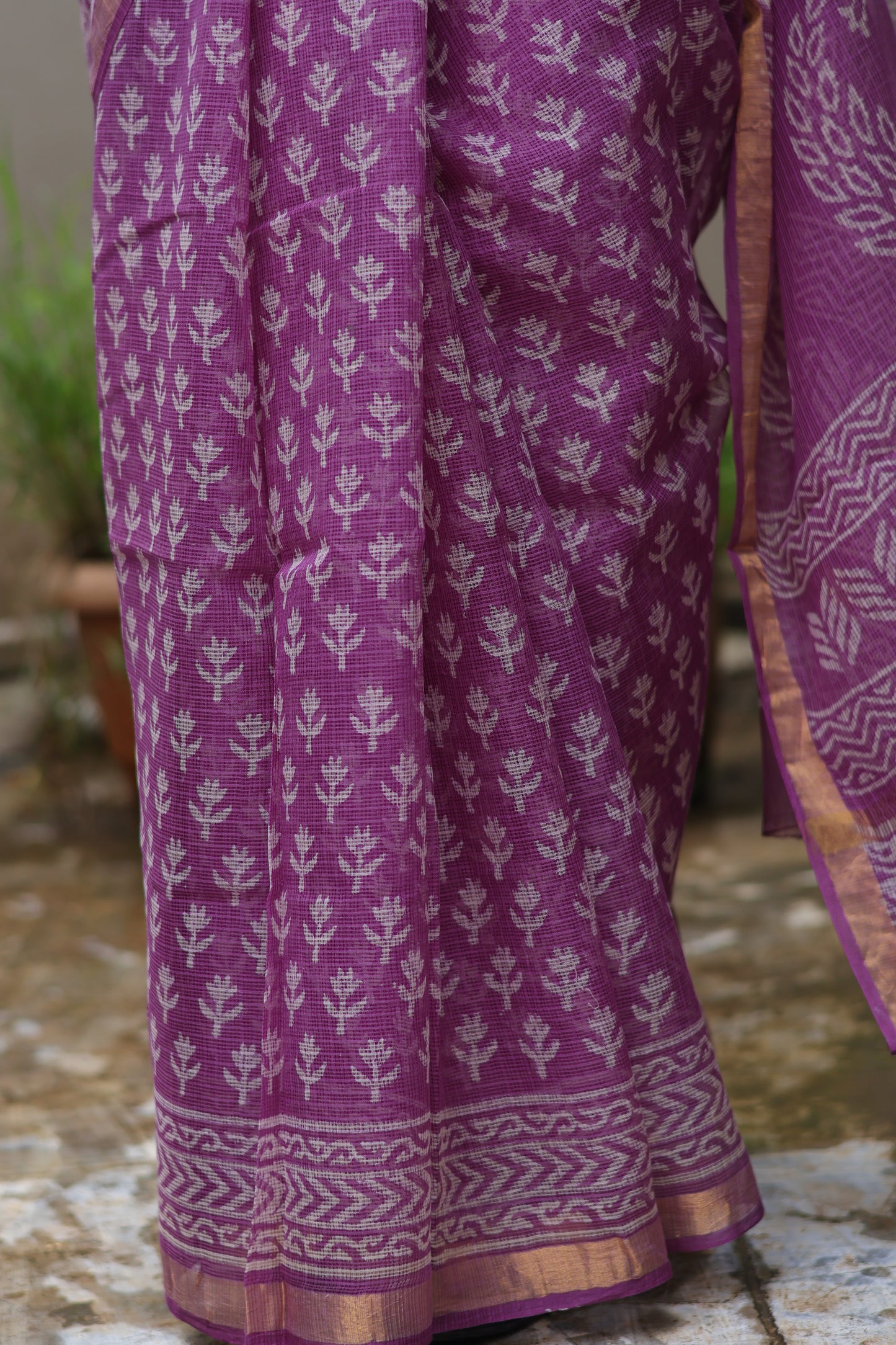 Lavender Bagru Hand block printed Kota Doriya Saree