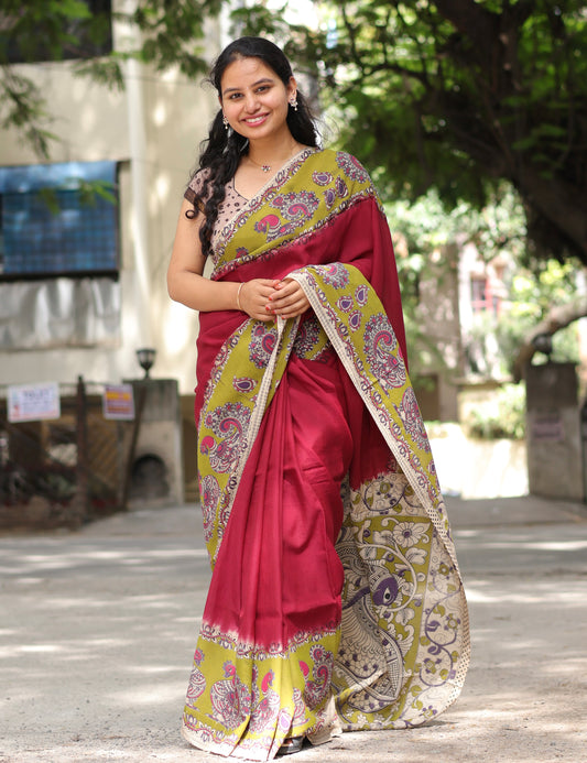 Wine & Green Kalamkari dyeing premium chennur silk saree
