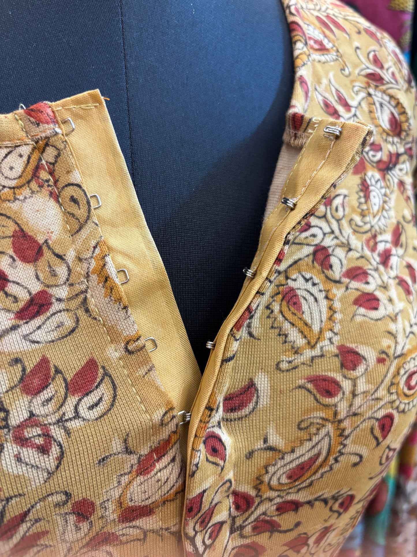 Round neck Stretchable Hand block printed kalamkari blouse with front hooks