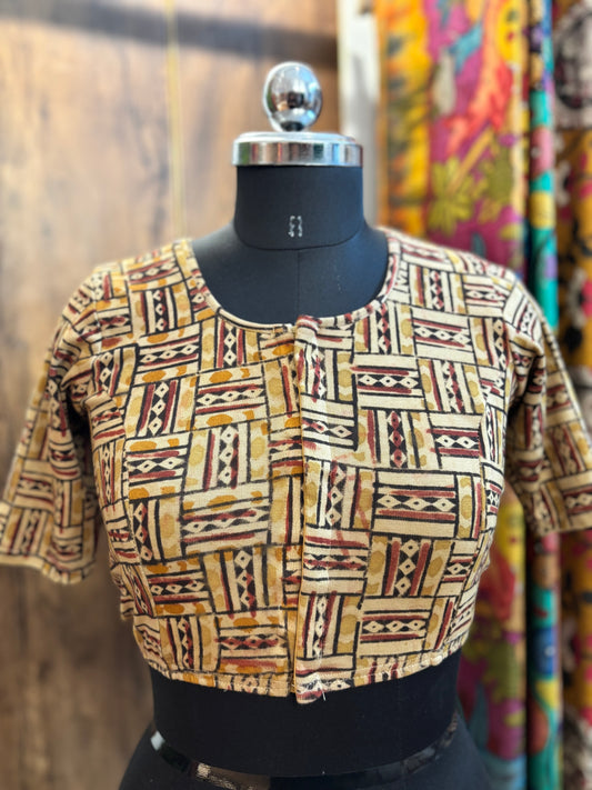 Round neck Stretchable Hand block printed kalamkari blouse with front hooks