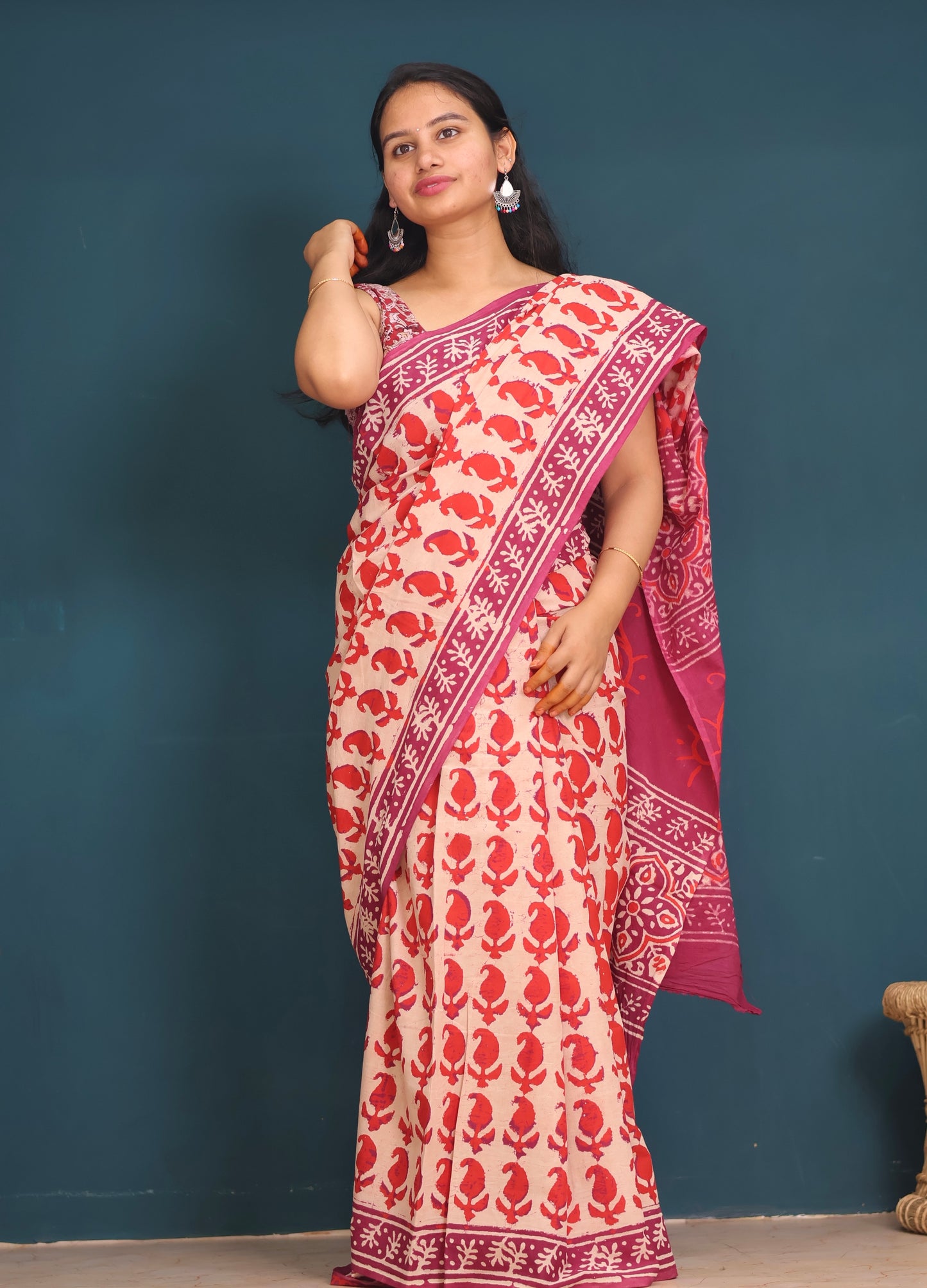 Bagru Handblock printed MulMul cotton saree