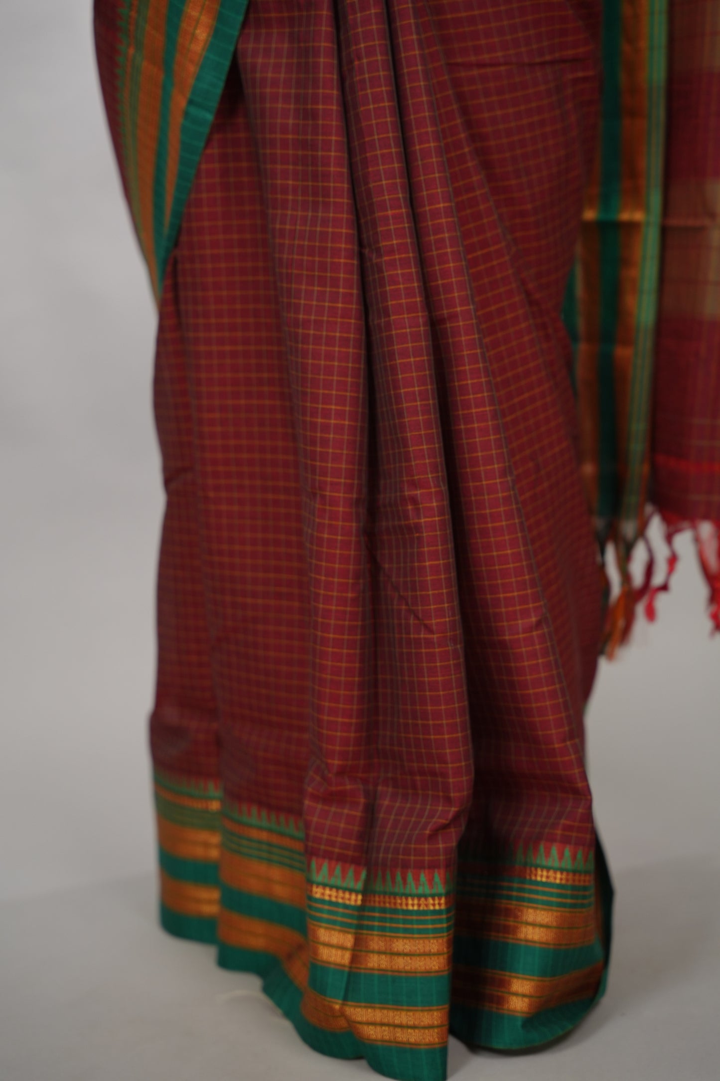 Maroon Checks Narayanpet Cotton Saree with Traditional contrast Border | Looms & Tassels