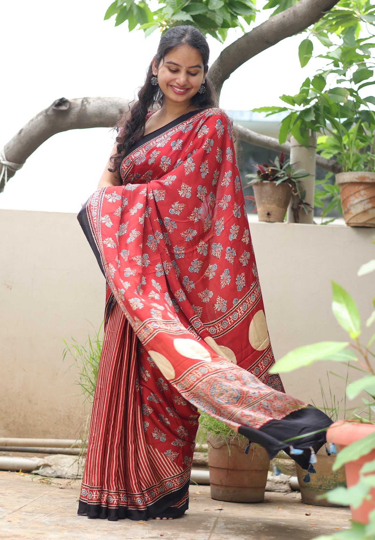 Red Ajrakh Modal Silk Saree