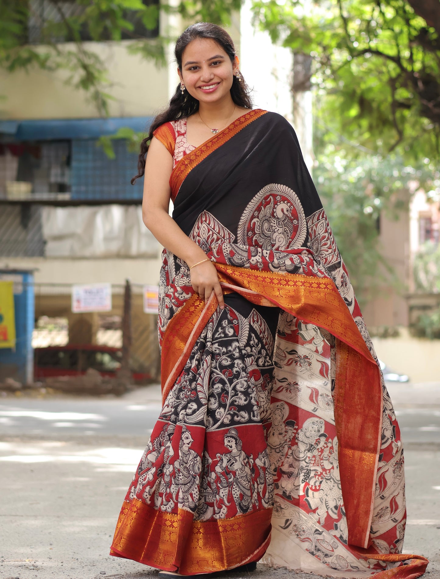 Black Kanchi Border Kalamkari Chennur Silk Saree