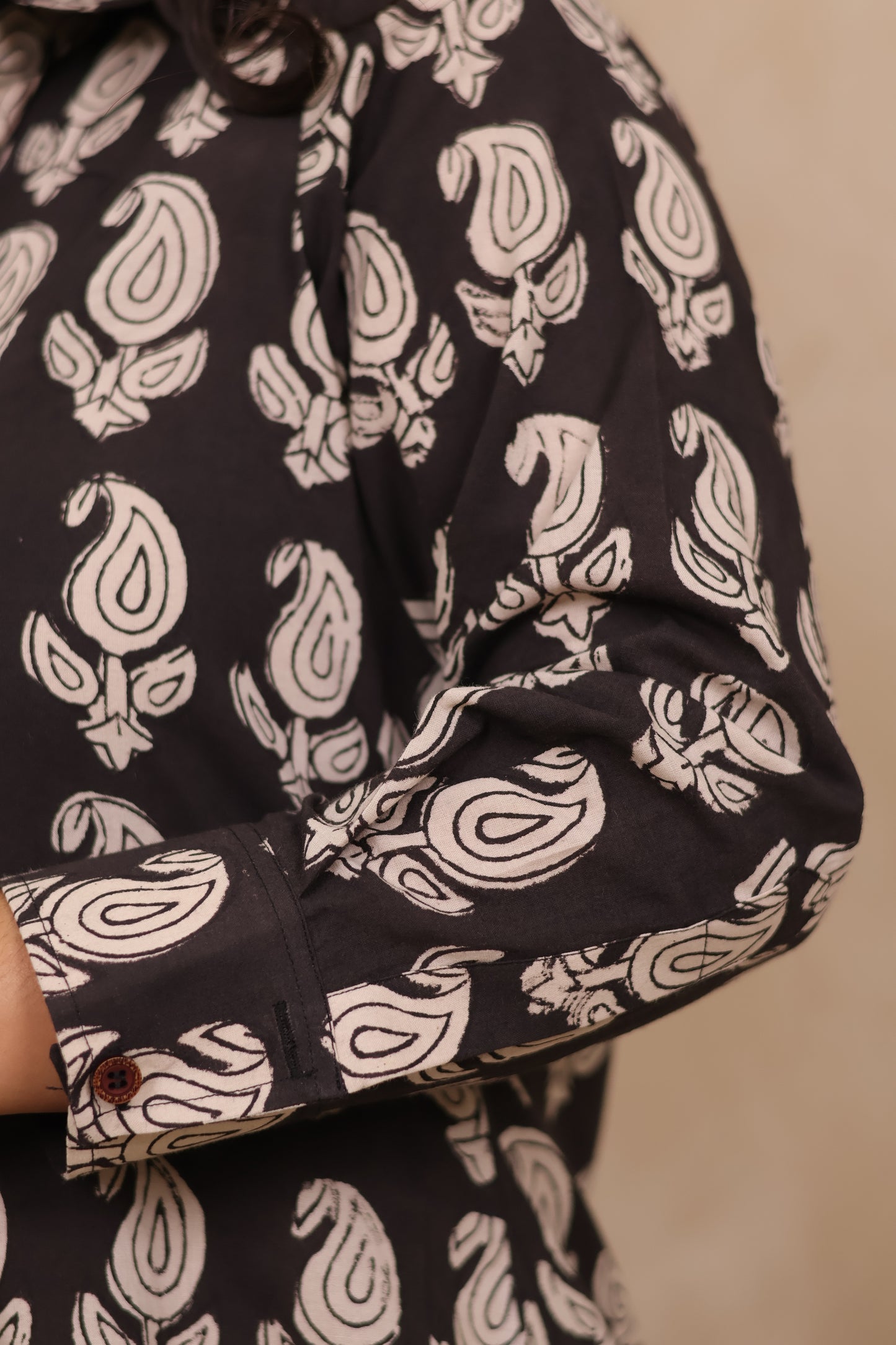 Black Paisley Hand Block Printed Pure Mul Cotton A-Line Shirt Dress | Looms & Tassels