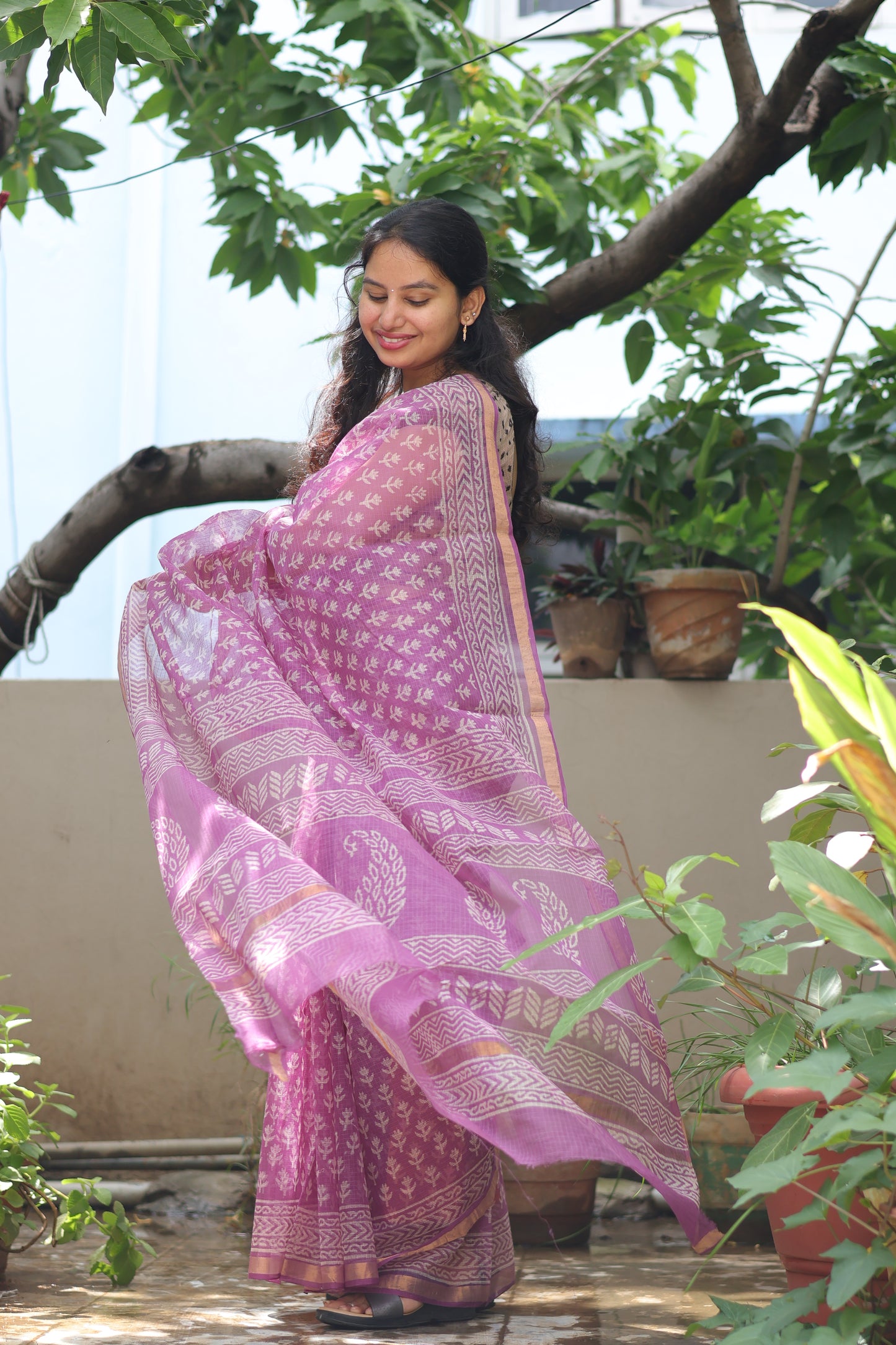 Lavender Bagru Hand block printed Kota Doriya Saree