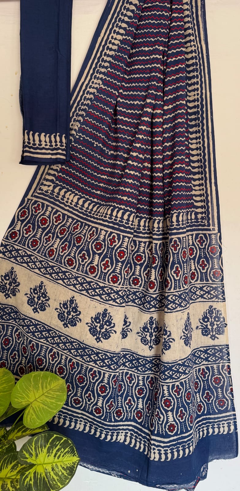 Blue Bagru Handblock printed MulMul cotton saree