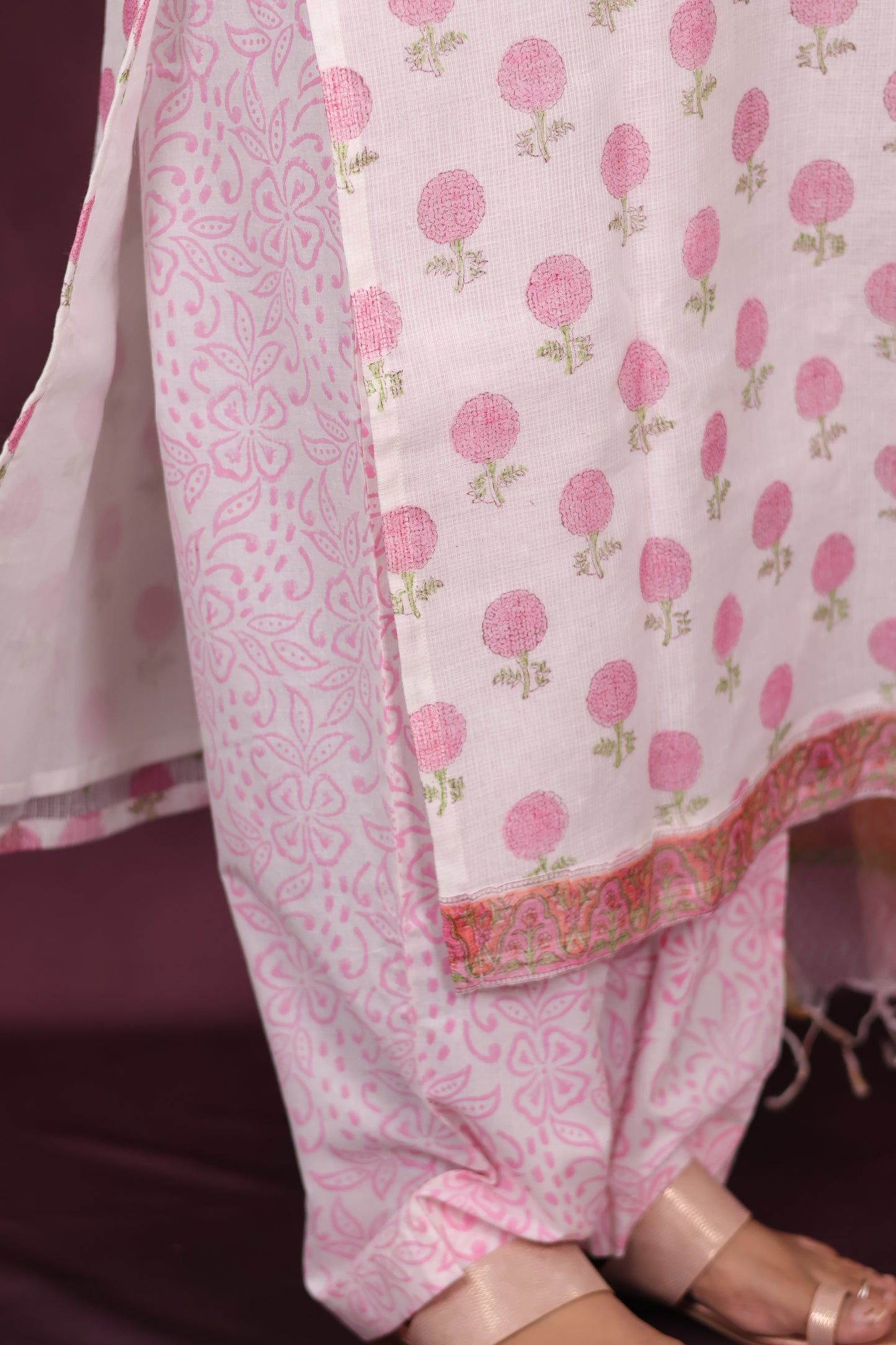 White Handblock printed kota 3 piece suit (stitched)